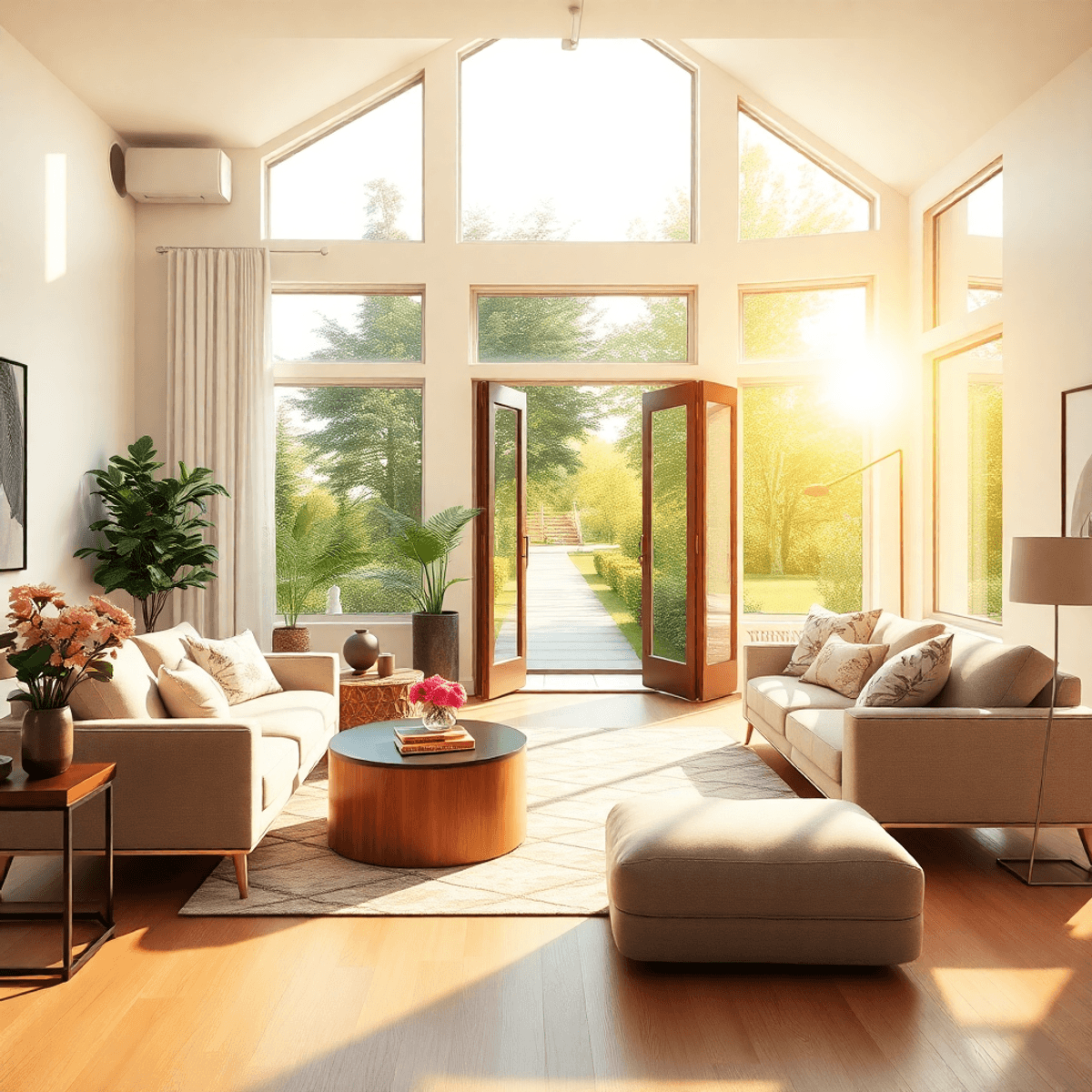 Salon moderne et lumineux avec des meubles minimalistes, lumière naturelle à travers de grandes fenêtres, f...