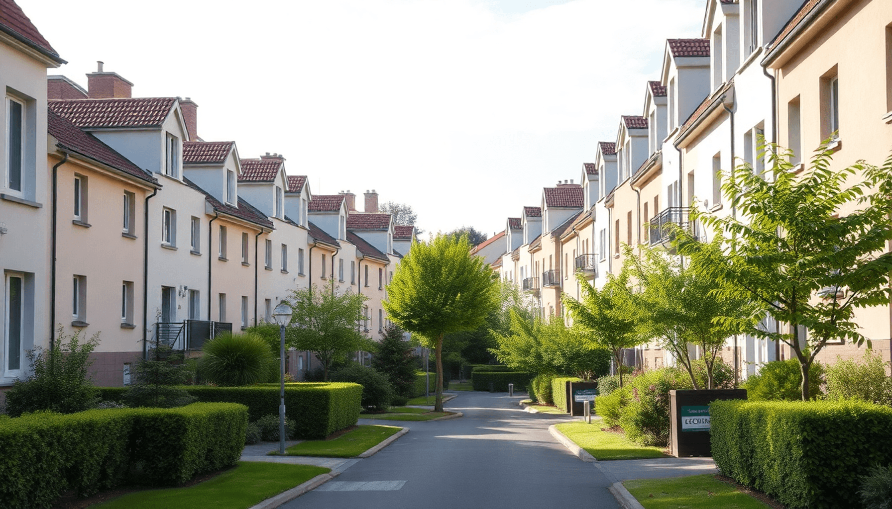 Bâtiments résidentiels modernes avec de la verdure sous un ciel dégagé dans un quartier urbain