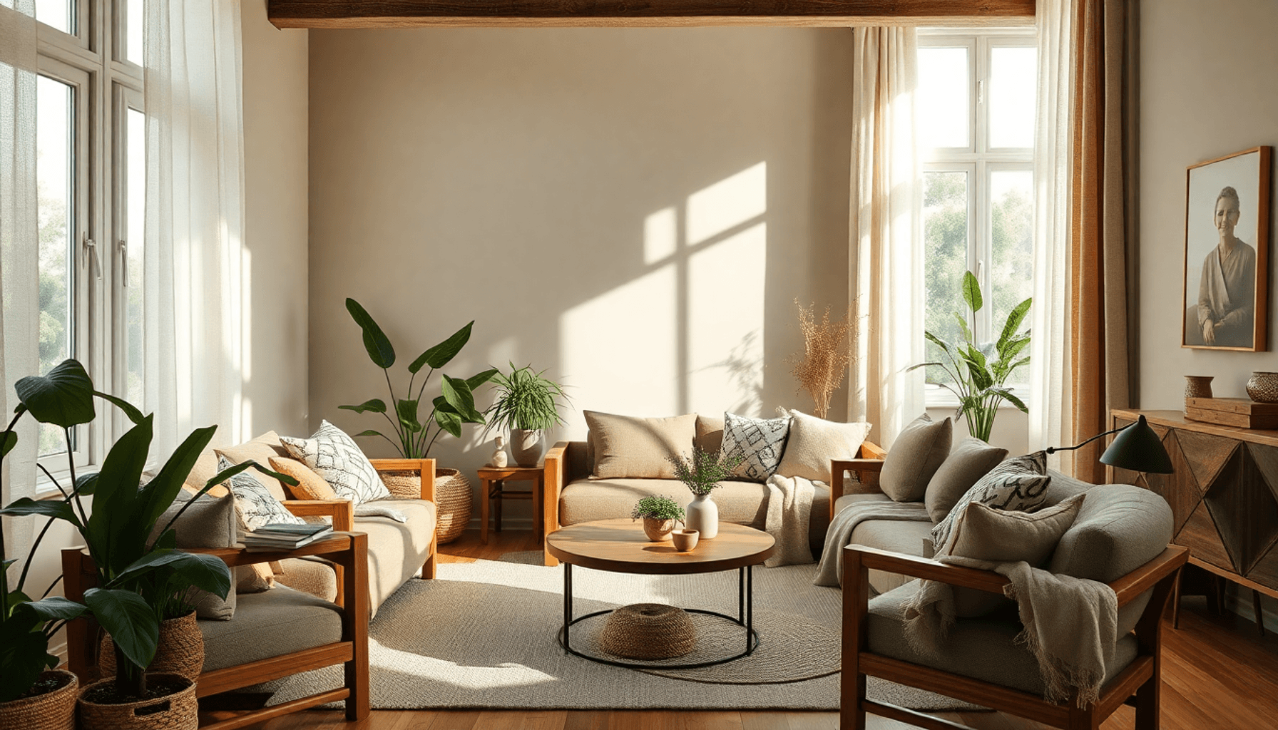 Salon confortable avec des tons vert olive et beige et lumière naturelle