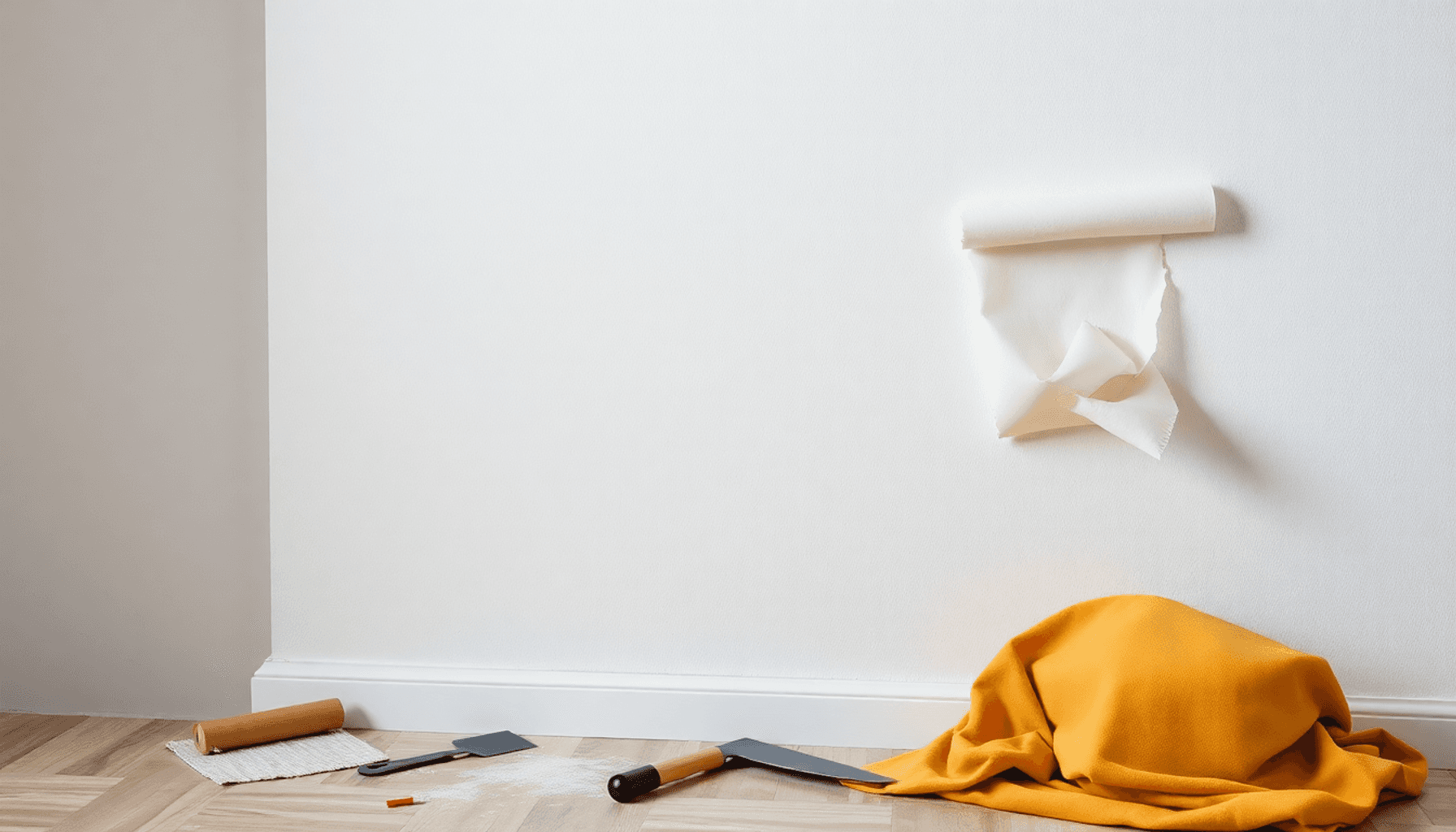 Gros plan sur du papier peint en fibre de verre texturé étant délicatement décollé d'un mur intérieur