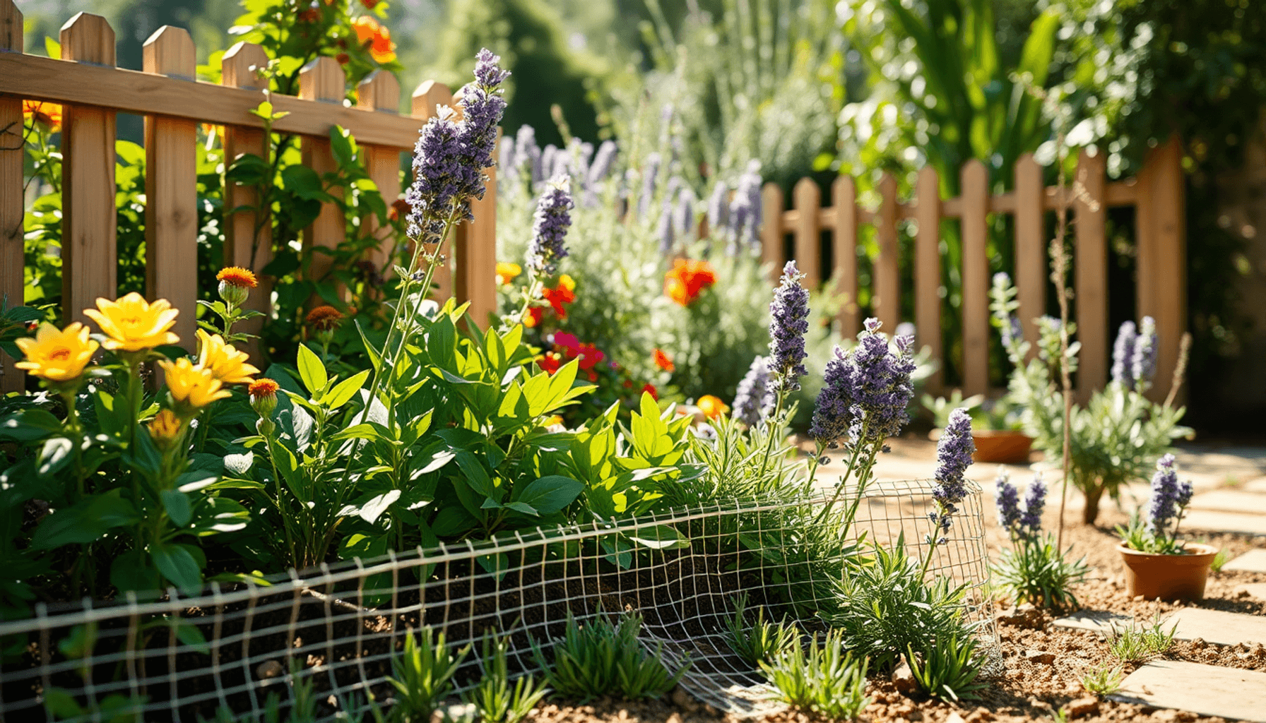 Un jardin vibrant avec des fleurs saines, une clôture en bois, une barrière en treillis métallique