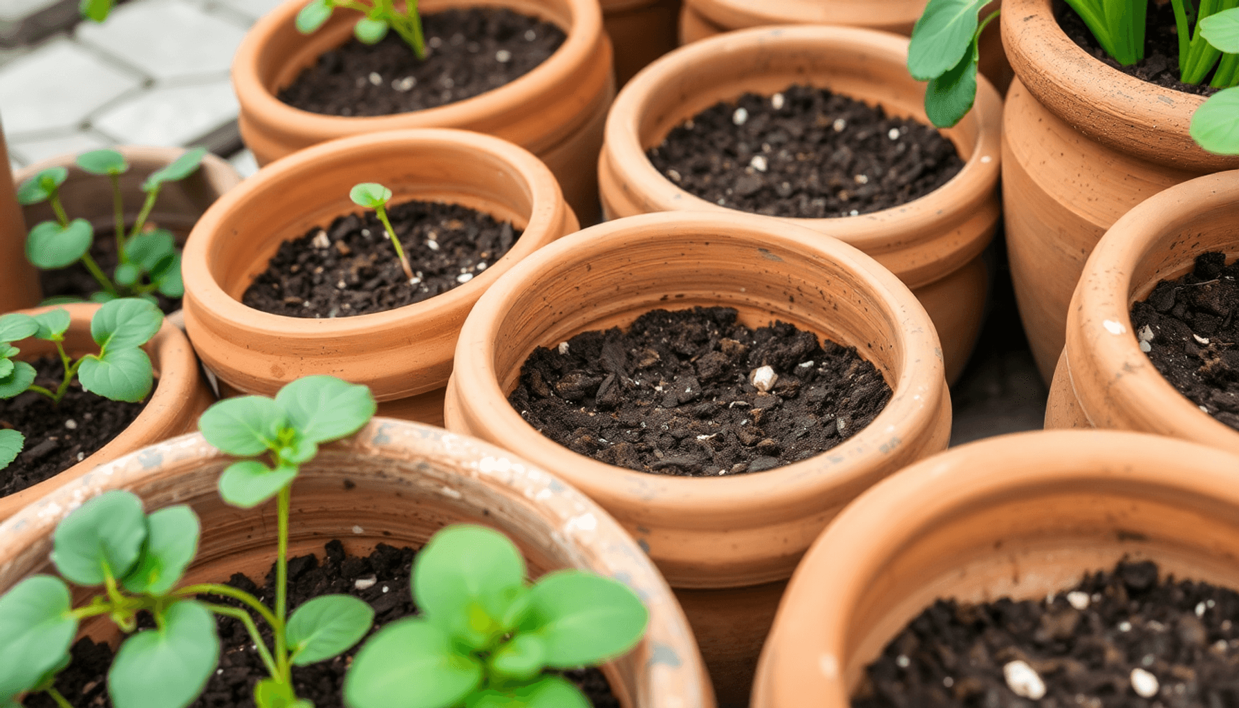 Gros plan sur des pots en terracotta rustiques avec de la terre et des plantes vertes
