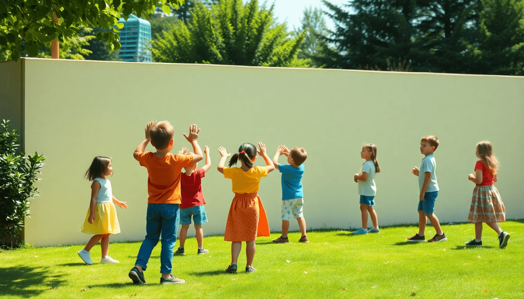 Des enfants jouent à un jeu traditionnel en plein air près d'un mur, avec un enfant qui compte