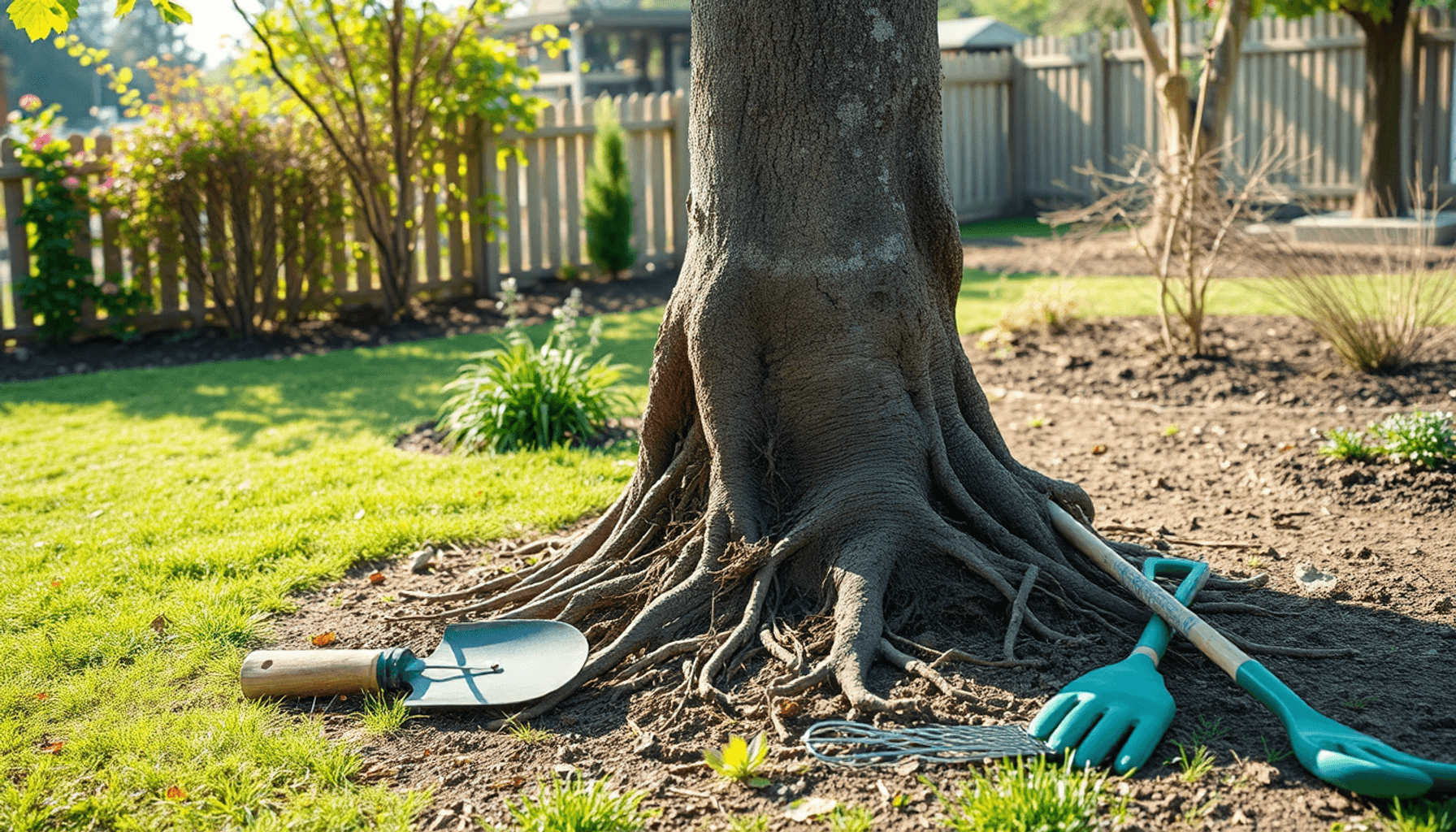 Arbre partiellement déraciné avec des racines exposées dans un jardin.