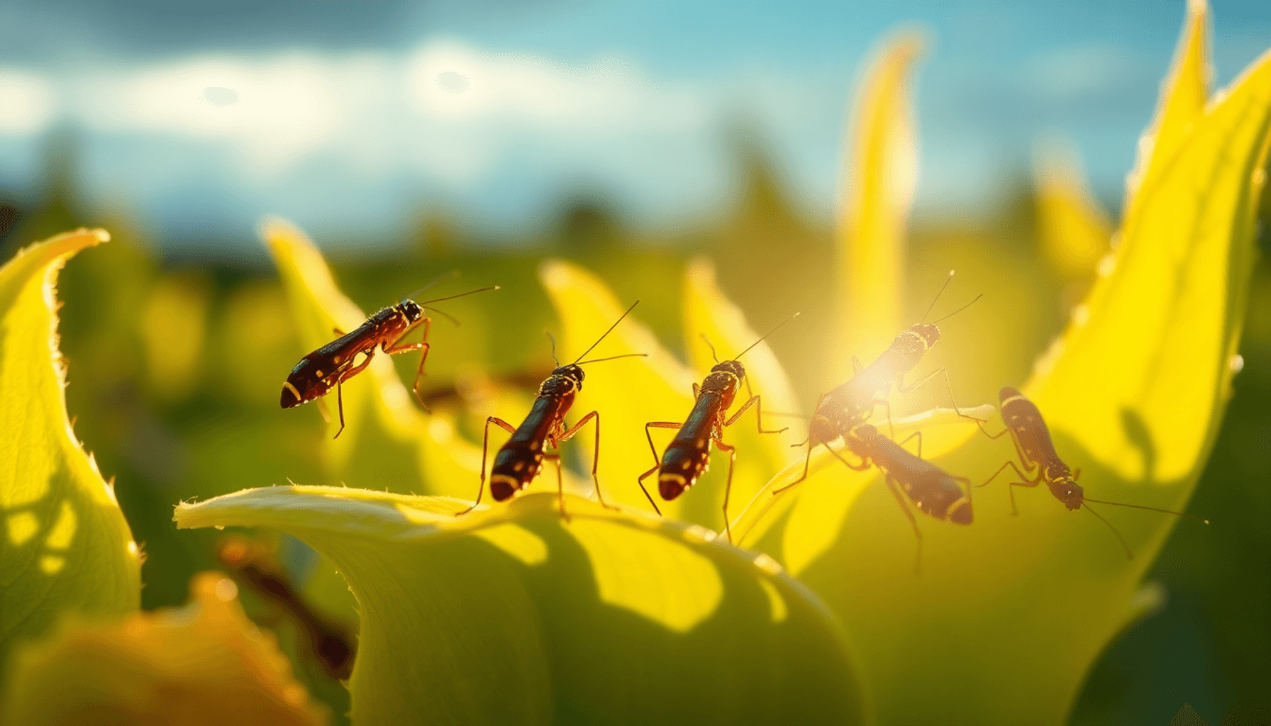 Illustration en gros plan de petits thrips sur des feuilles vertes au soleil, avec un jardin flou