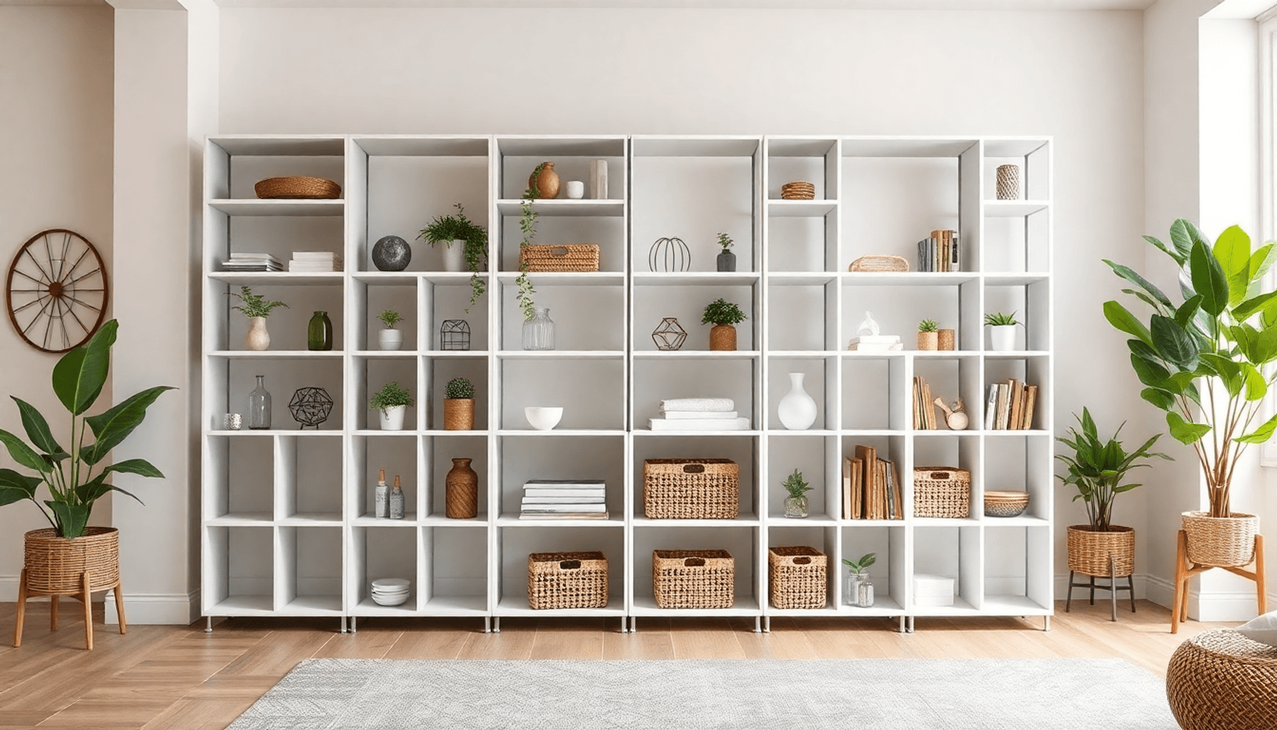 Salon lumineux avec des étagères modulables minimalistes contenant des paniers en osier