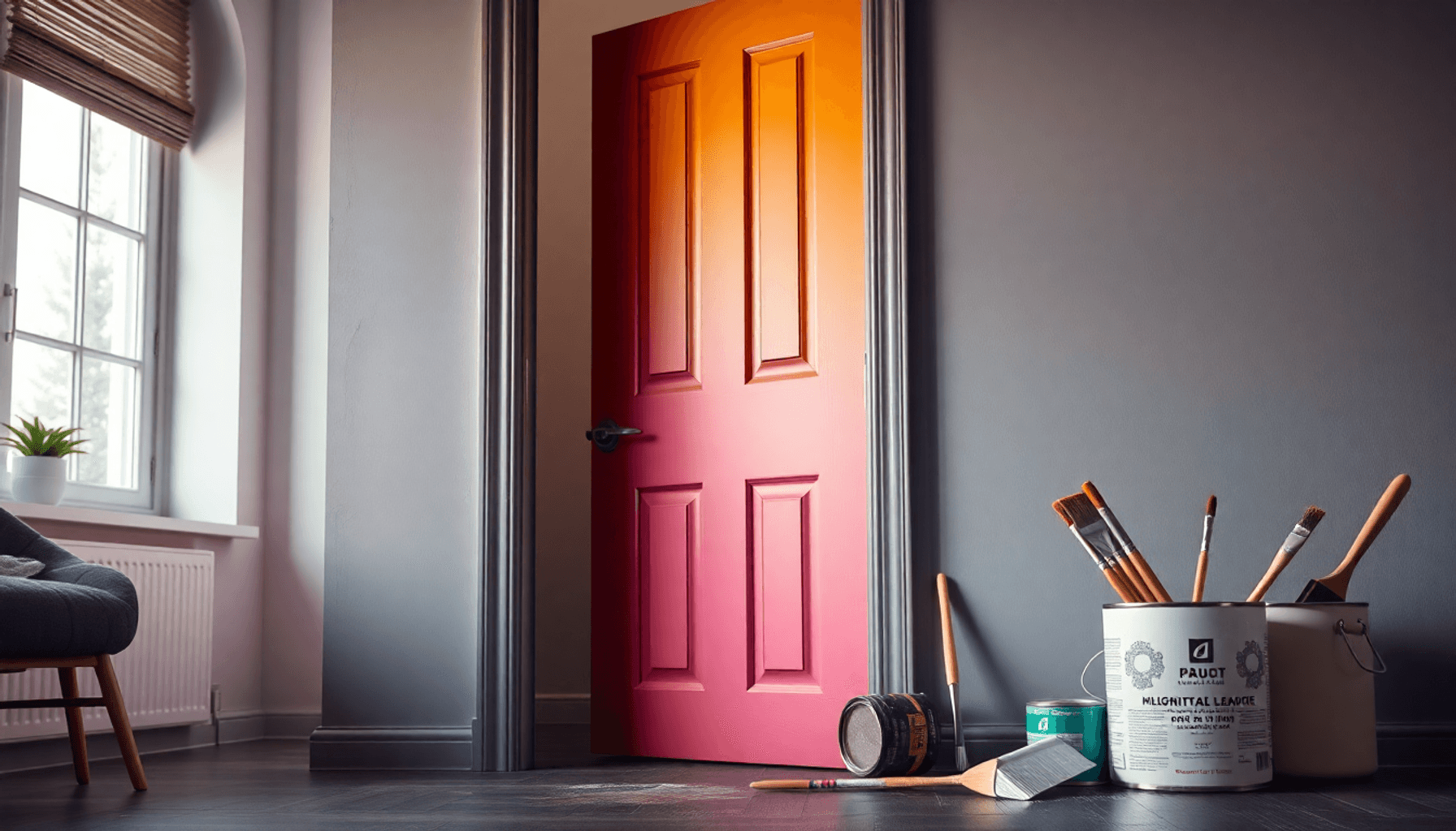 Porte intérieure moderne partiellement peinte dans des couleurs vives, entourée de pinceaux