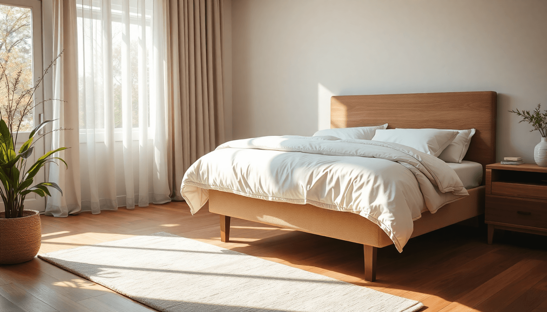Chambre confortable avec un lit surélevé, douce lumière naturelle, tissu fluide et léger