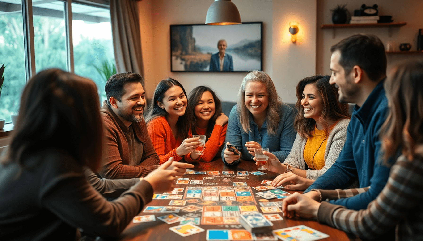 Un groupe animé d'adultes profitant de jeux de société autour d'une table chaleureusement éclairée