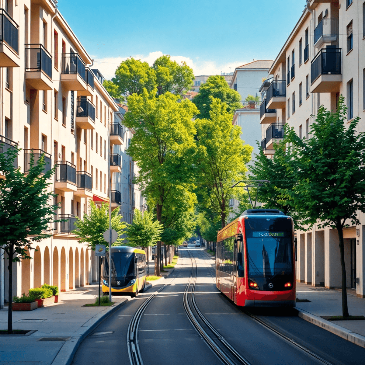 Bâtiments résidentiels modernes avec balcons, arbres verts, rues propres et un tramway élégant