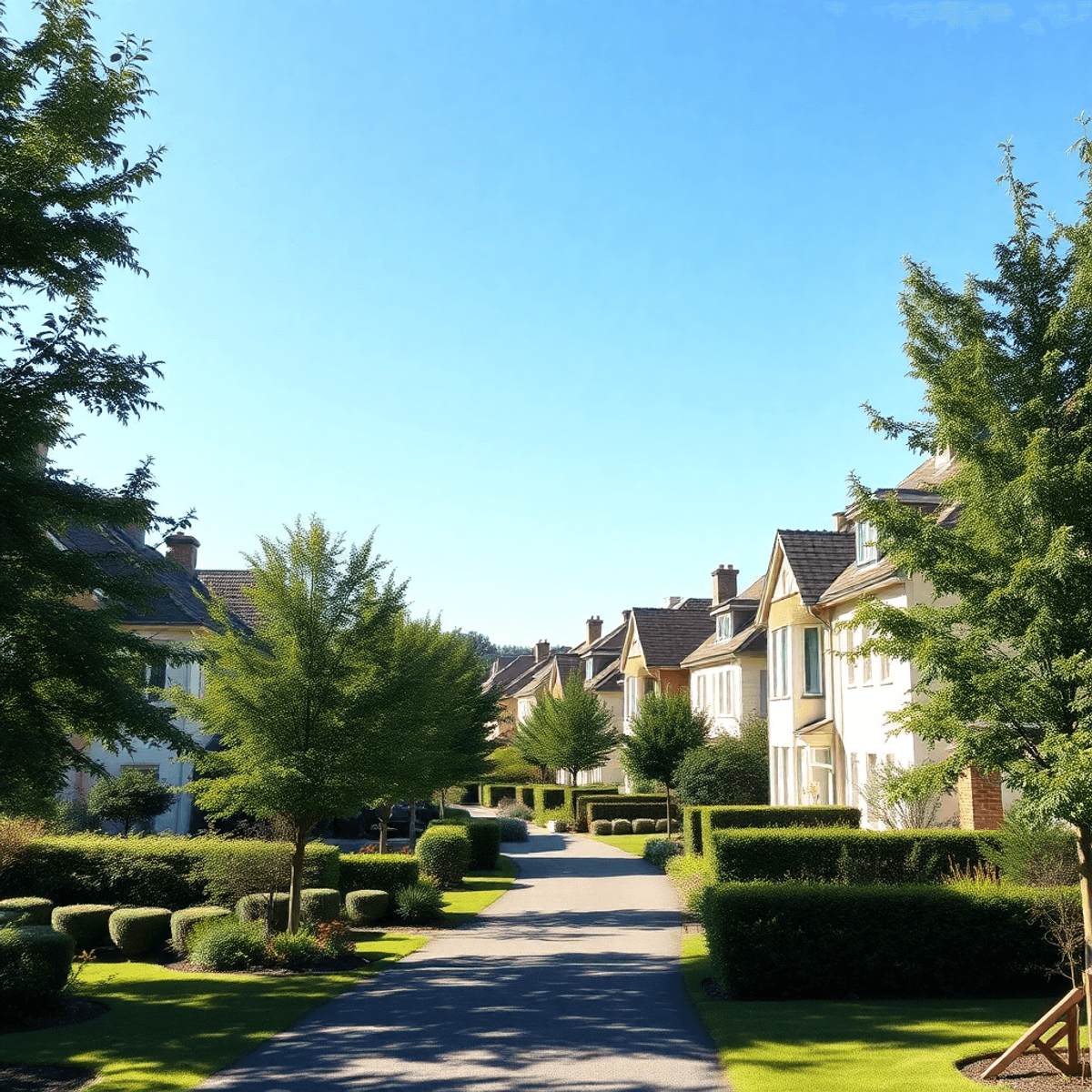 Maisons suburbaines modernes avec des arbres verts et des jardins sous un ciel bleu clair dans un quartier ...
