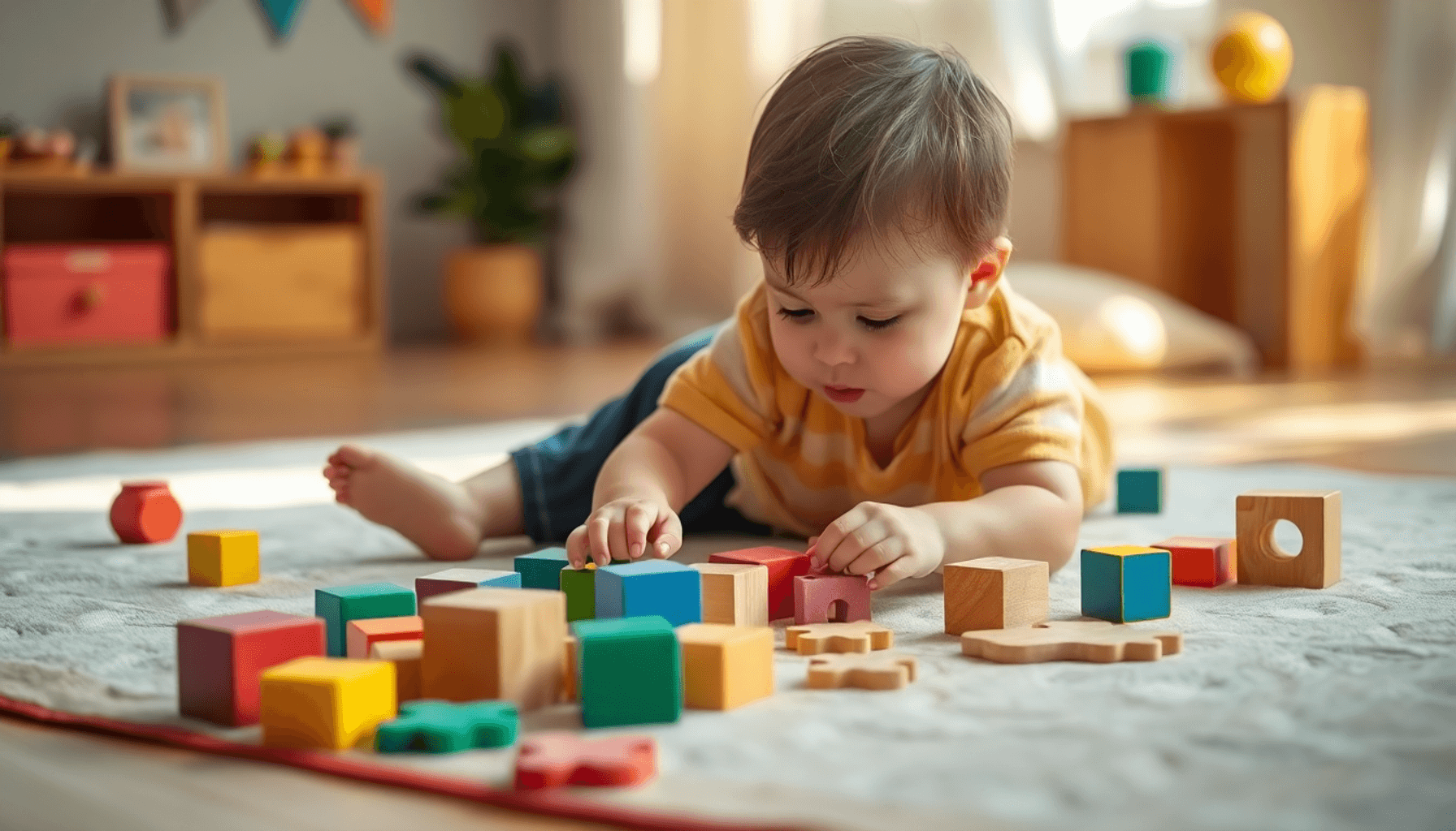 Un tout-petit joue avec des blocs en bois colorés et des pièces de puzzle sur un tapis doux