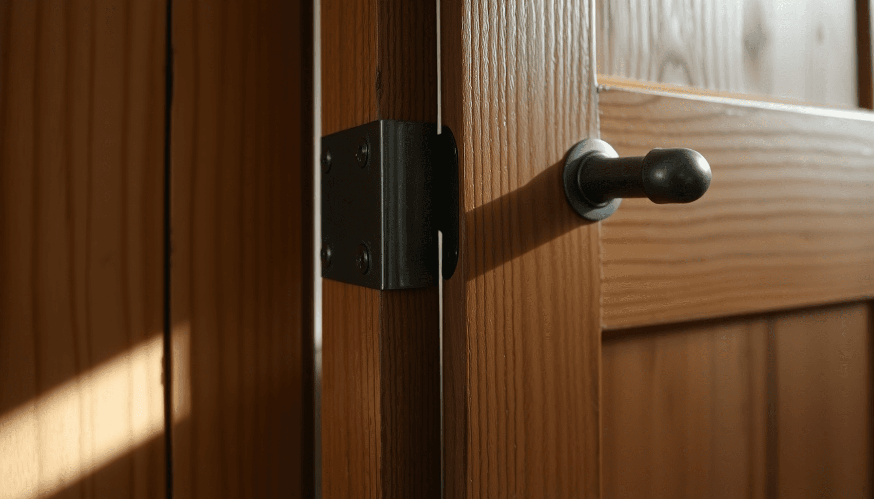 Gros plan sur une porte en bois robuste légèrement ouverte