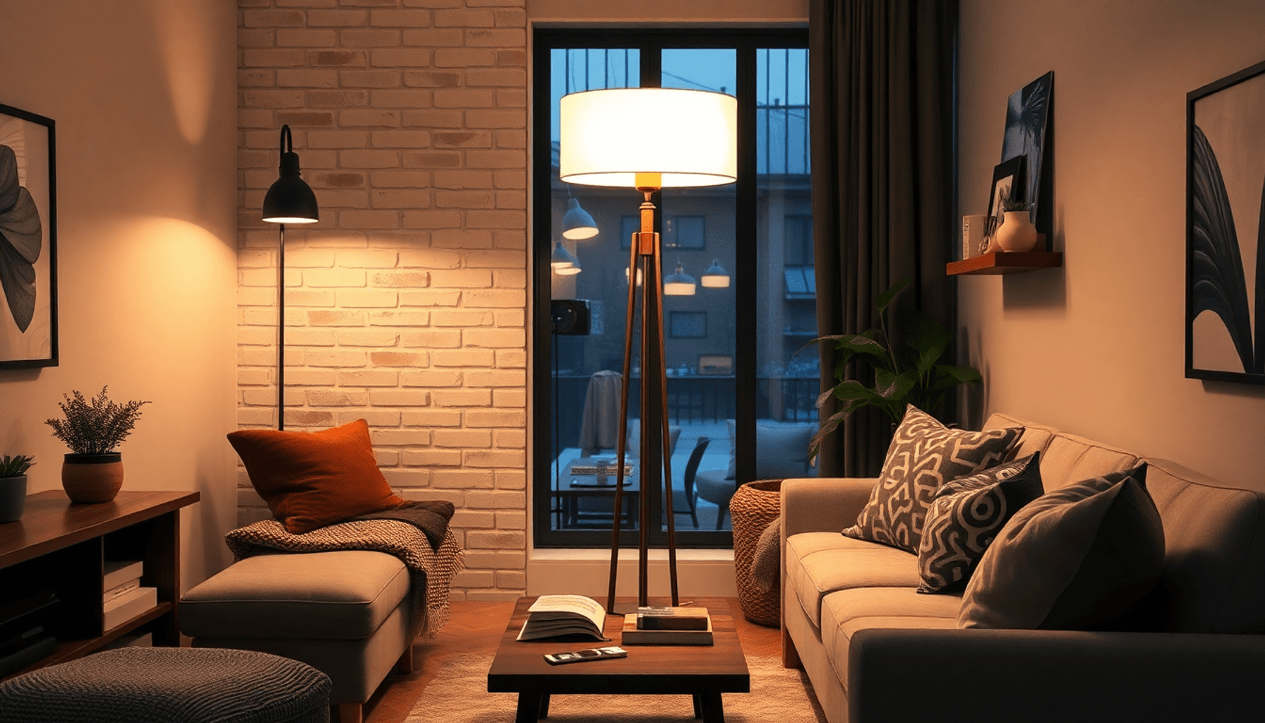 Coin de salon douillet avec une lampe sur pied élégante diffusant une lumière chaude