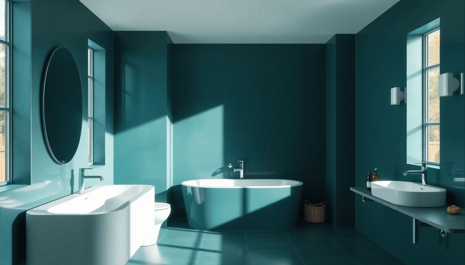 Salle de bain élégante avec des murs en bleu sarcelle profond, une douce lumière naturelle