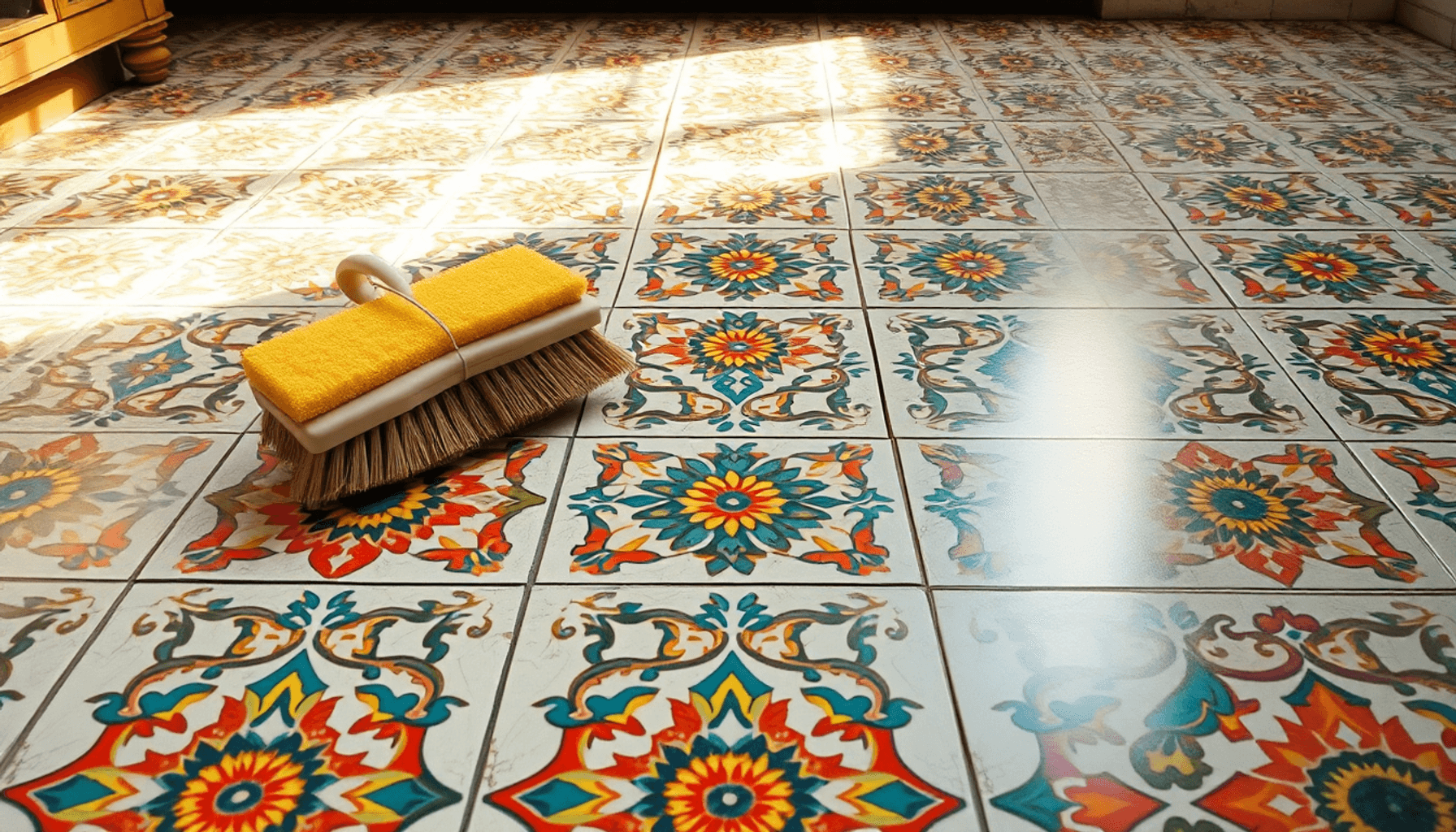 Gros plan de carreaux en ciment floraux colorés avec une brosse douce et une éponge