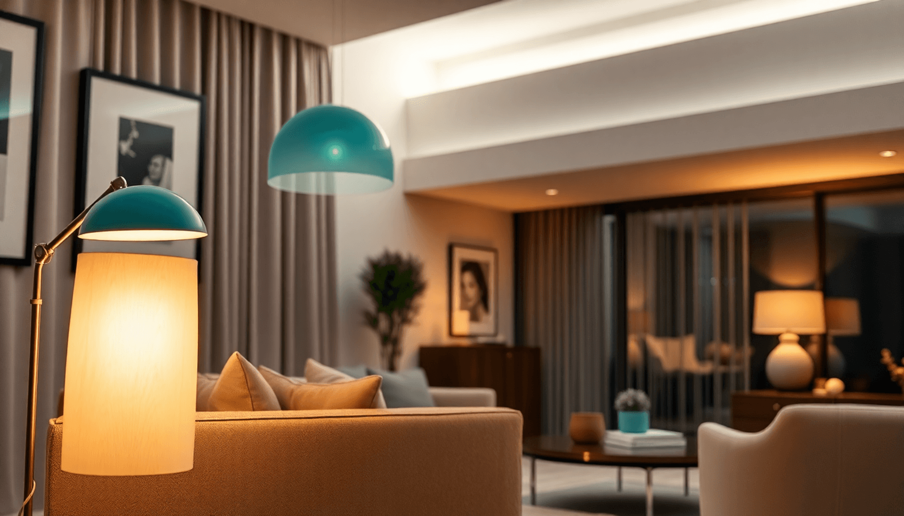 Salon moderne avec des meubles élégants, lampe bleu diffusant une lumière chaleureuse