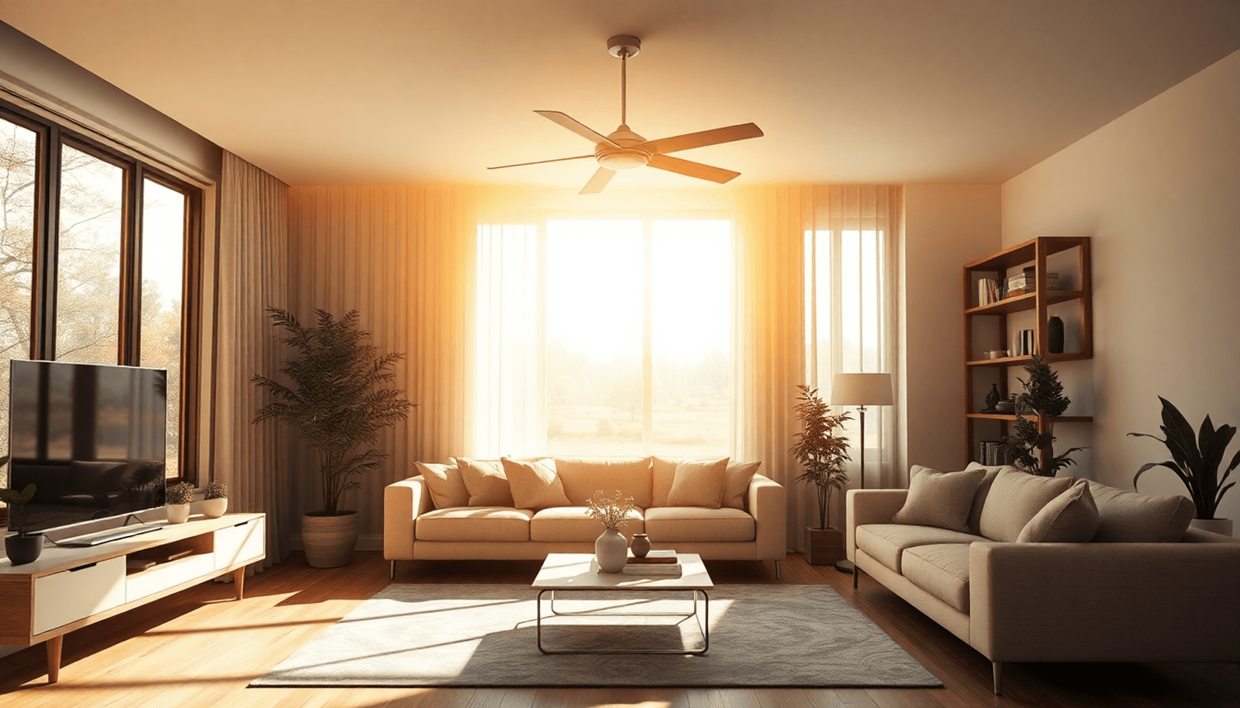 Salon moderne avec une lumière chaude du soleil près du plafond, des ombres fraîches