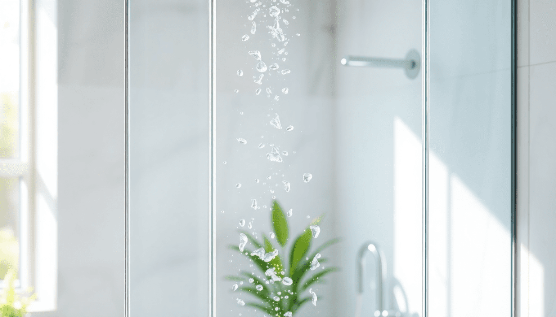 Douche de salle de bain moderne et lumineuse avec paroi en verre transparent, gouttes d'eau