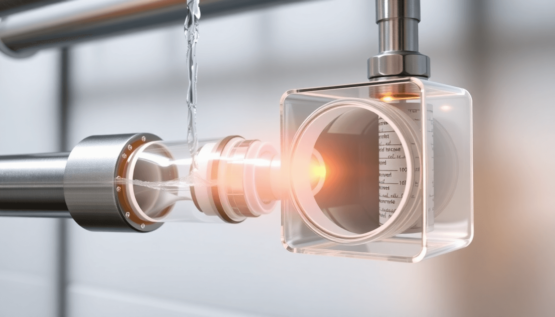 Gros plan de plomberie  avec un flux d'eau lumineux et anti-coup de bélier