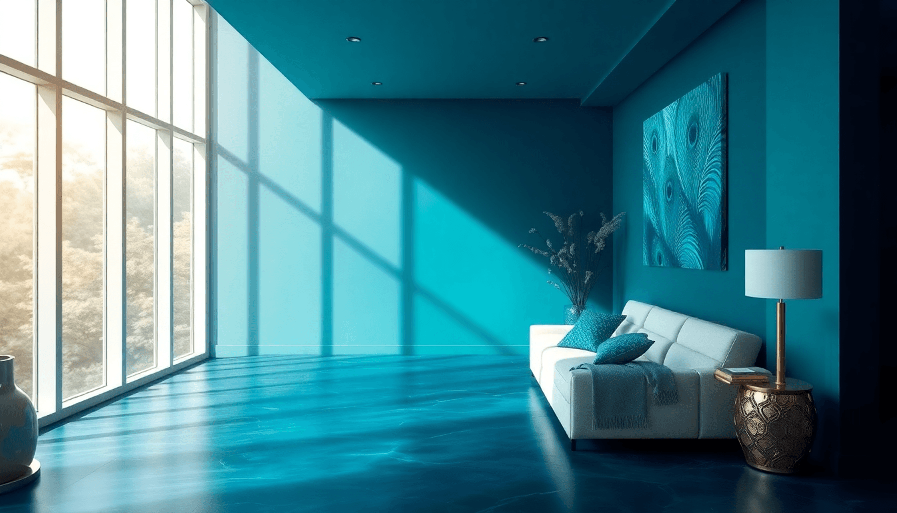 Chambre luxueuse avec des murs richement décorés de bleu paon, oscillant entre le bleu et vert