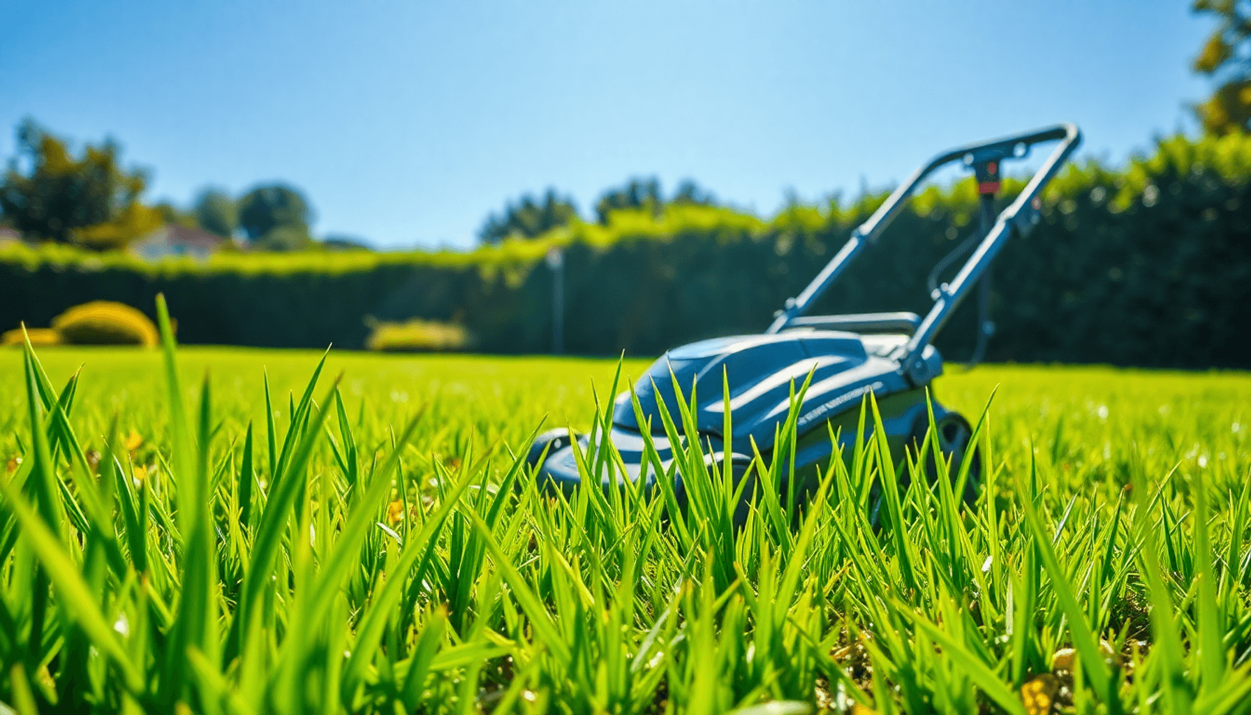 Une pelouse verte avec de l'herbe soigneusement tondue et une tondeuse à gazon électrique