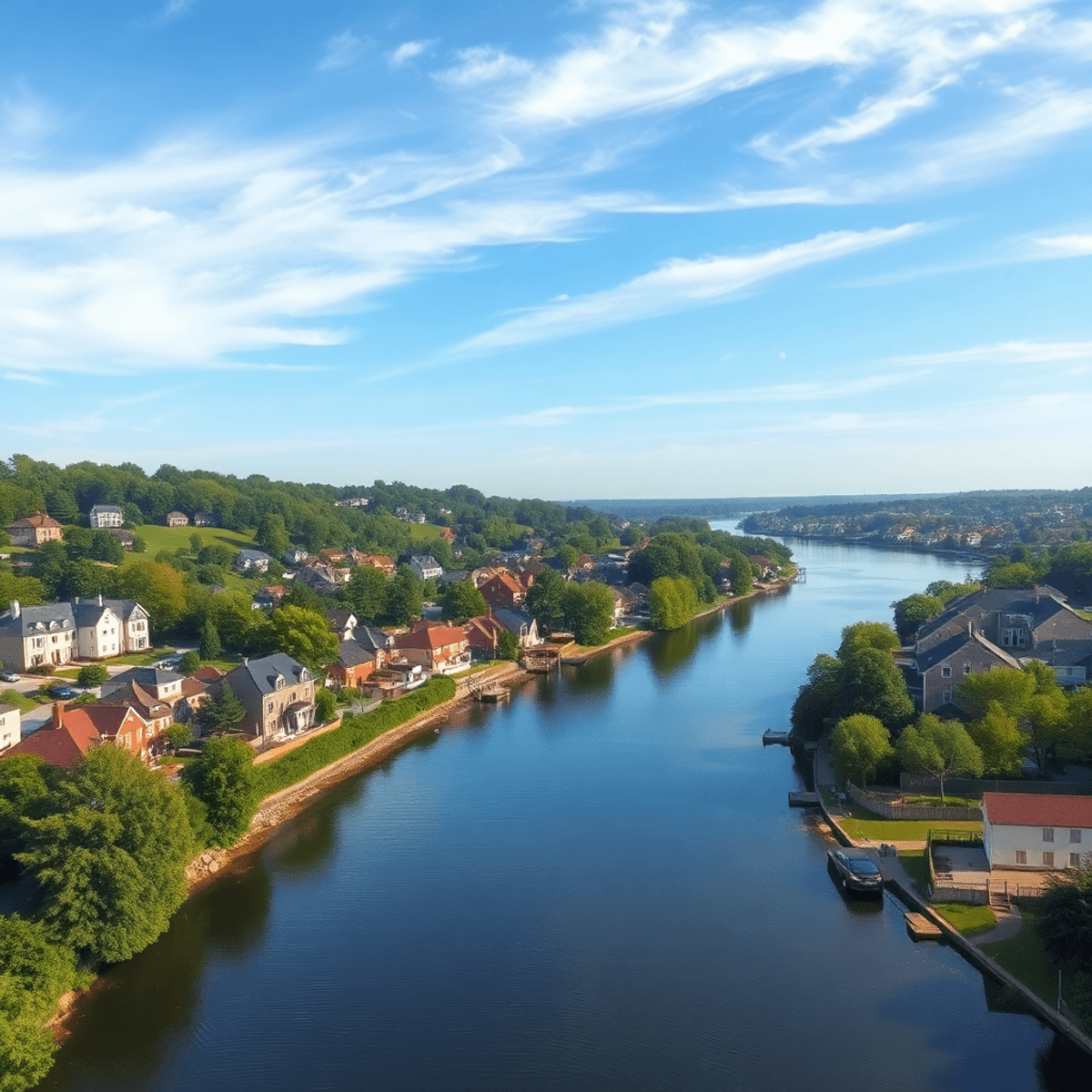 Une ville paisible au bord de la rivière à la confluence de deux rivières.
