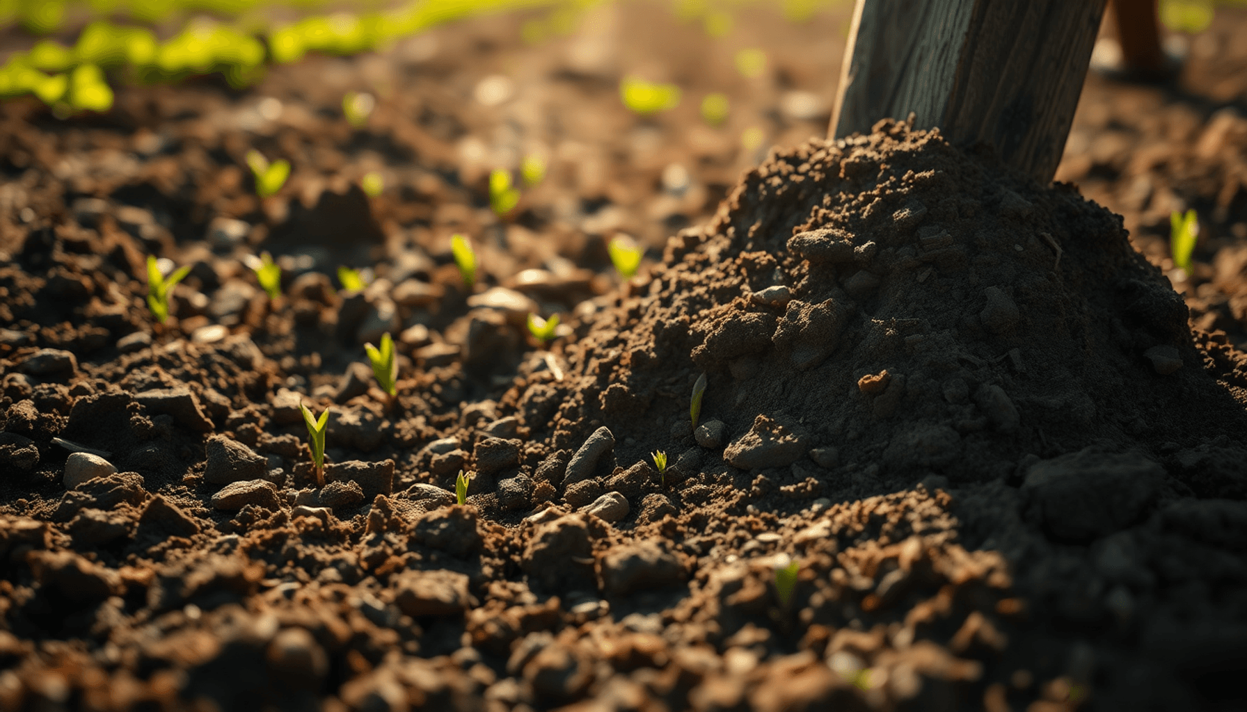 Gros plan sur un sol sombre retourné par une charrue en bois dans un jardin ensoleillé