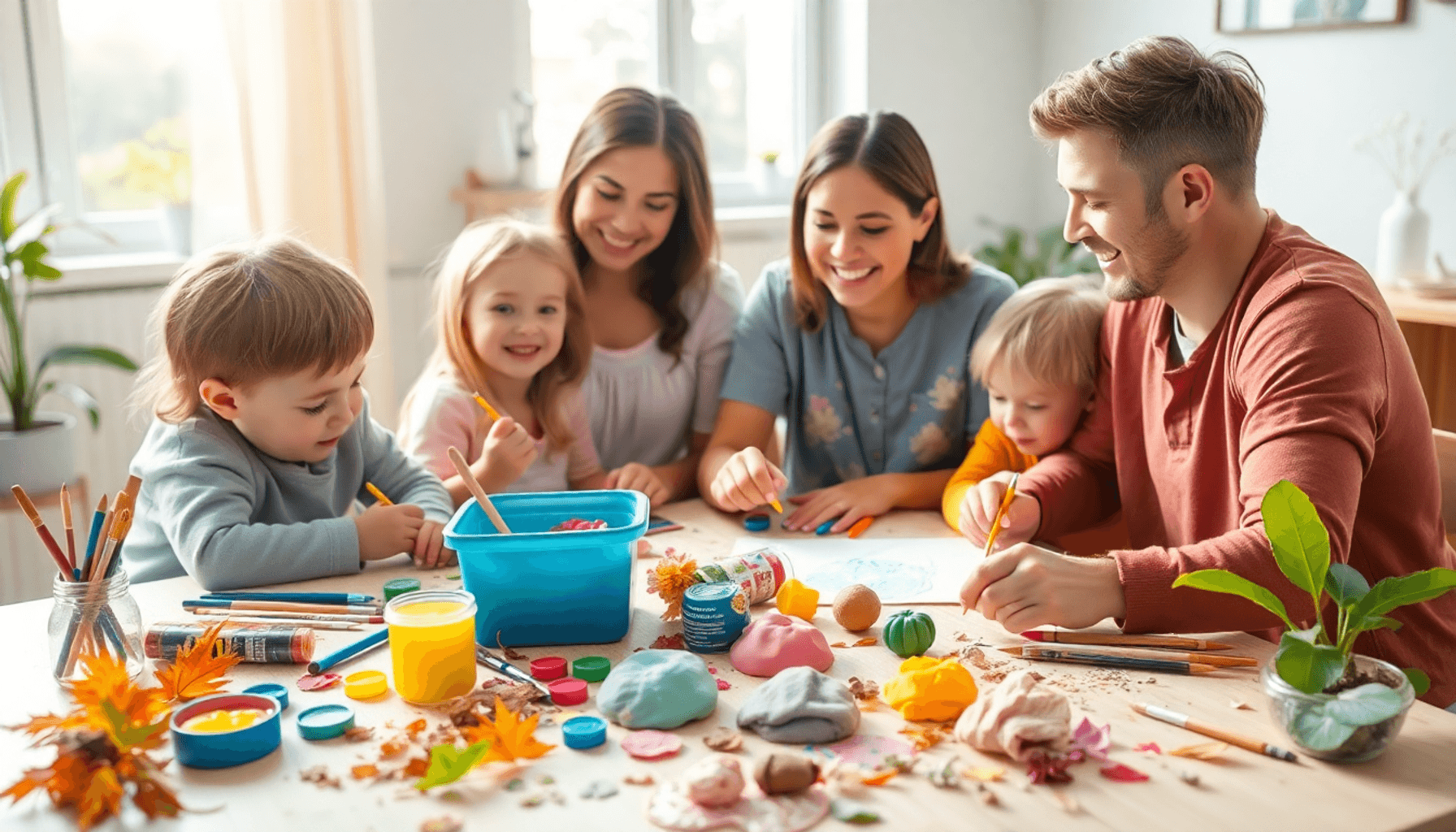 Une famille profitant d'activités créatives en intérieur avec des fournitures artistiques colorées et des é...