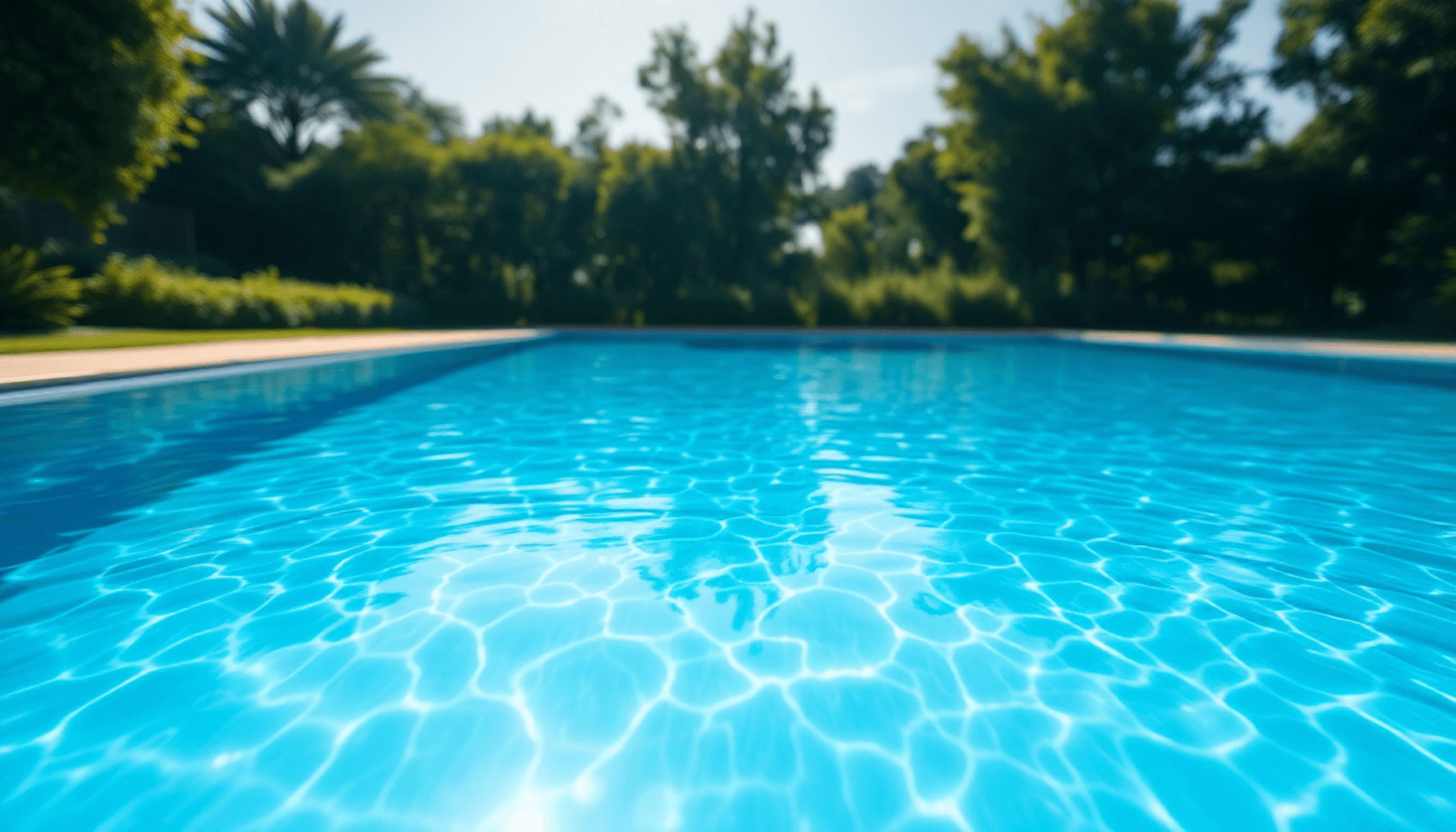 Une piscine sereine avec une eau bleue claire reflétant la lumière du soleil
