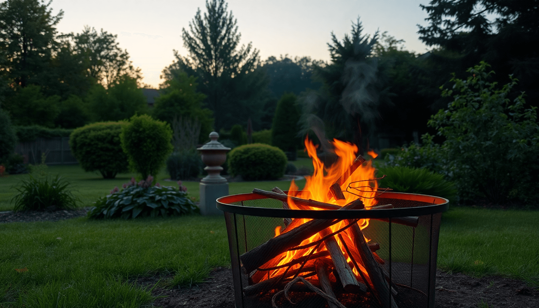 Un jardin paisible au crépuscule avec un petit feu brûlant des branches dans un foyer en métal