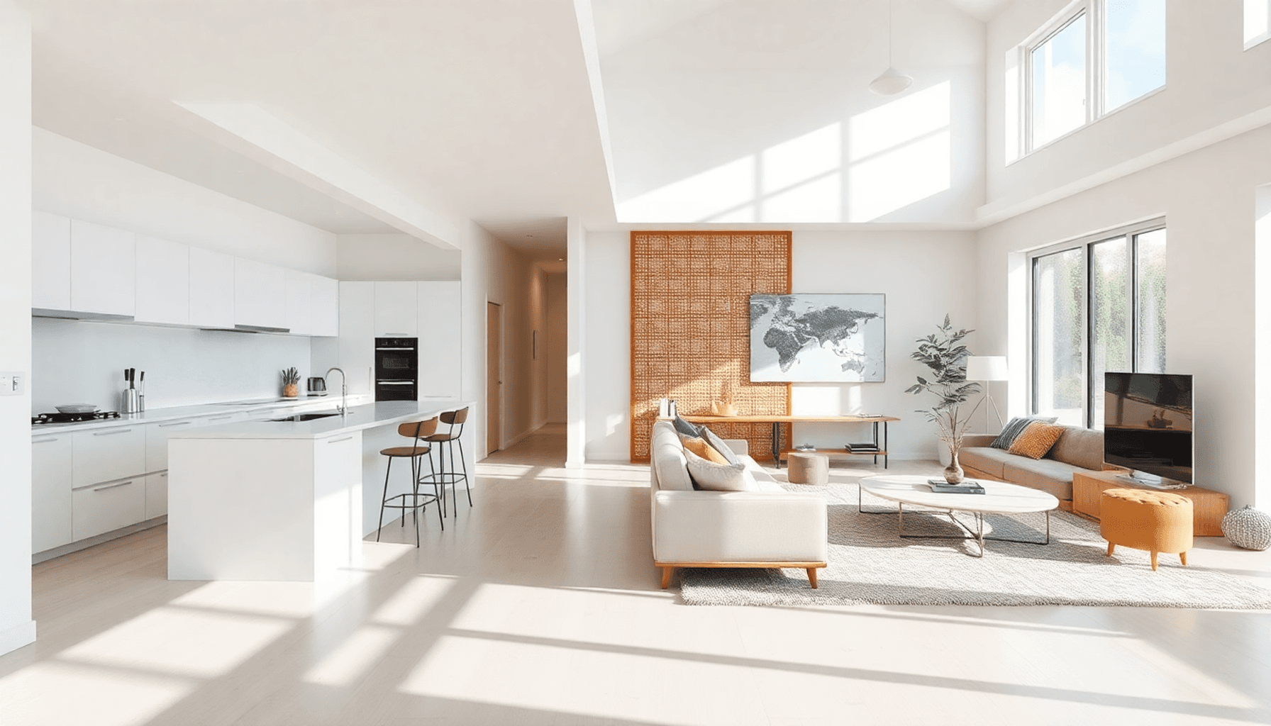 Espace de vie moderne, lumineux et ouvert avec une cuisine élégante et un salon confortable