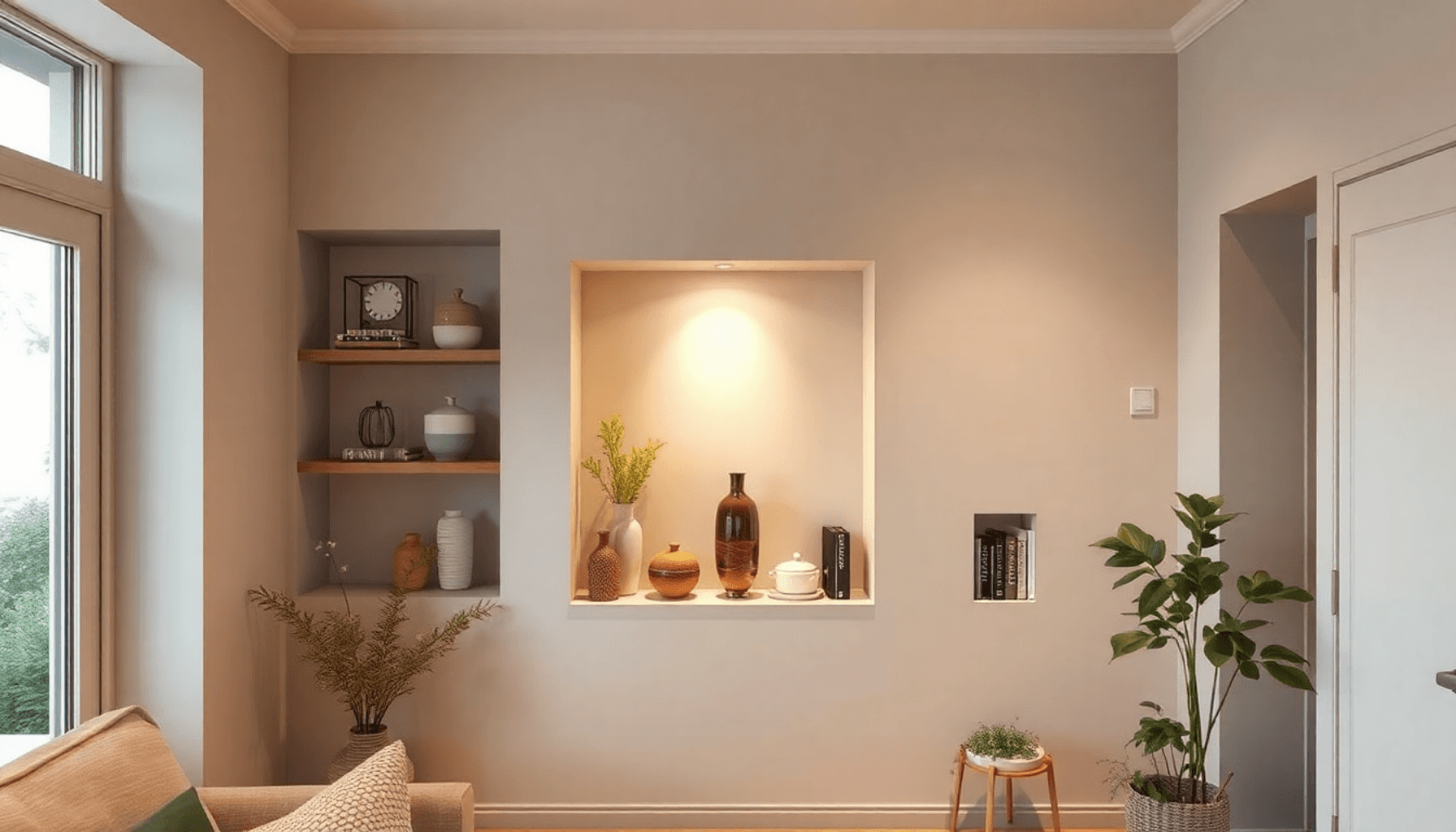 Niche murale intégrée avec des vases en céramique, des plantes et de la vaisselle