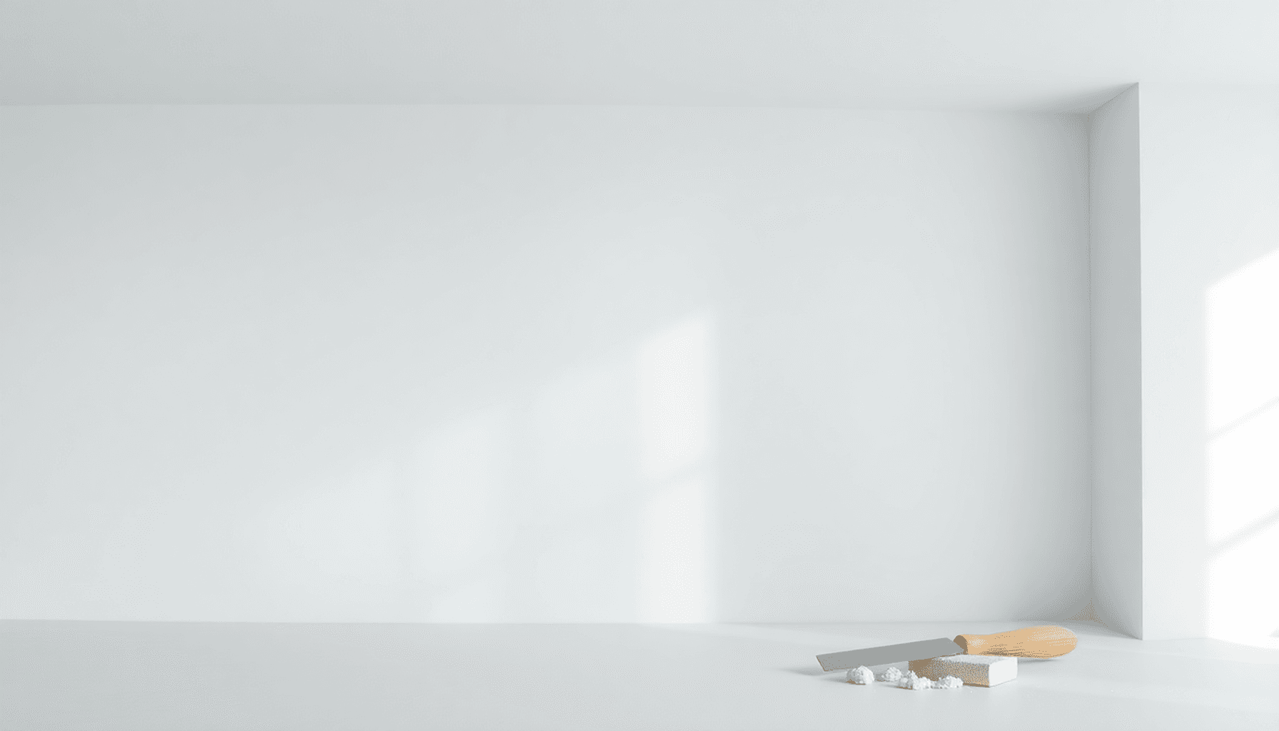 Chambre intérieure lumineuse présentant un plafond lisse, réparé avec des fissures décolorées