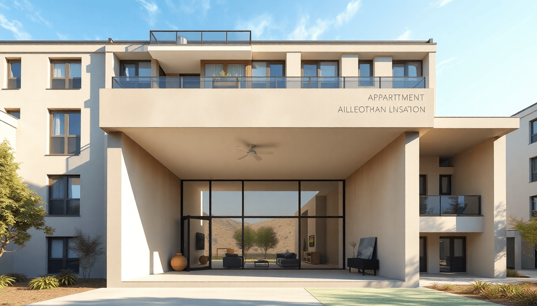 Façade d'appartement avec une loggia couverte spacieuse, des murs en béton