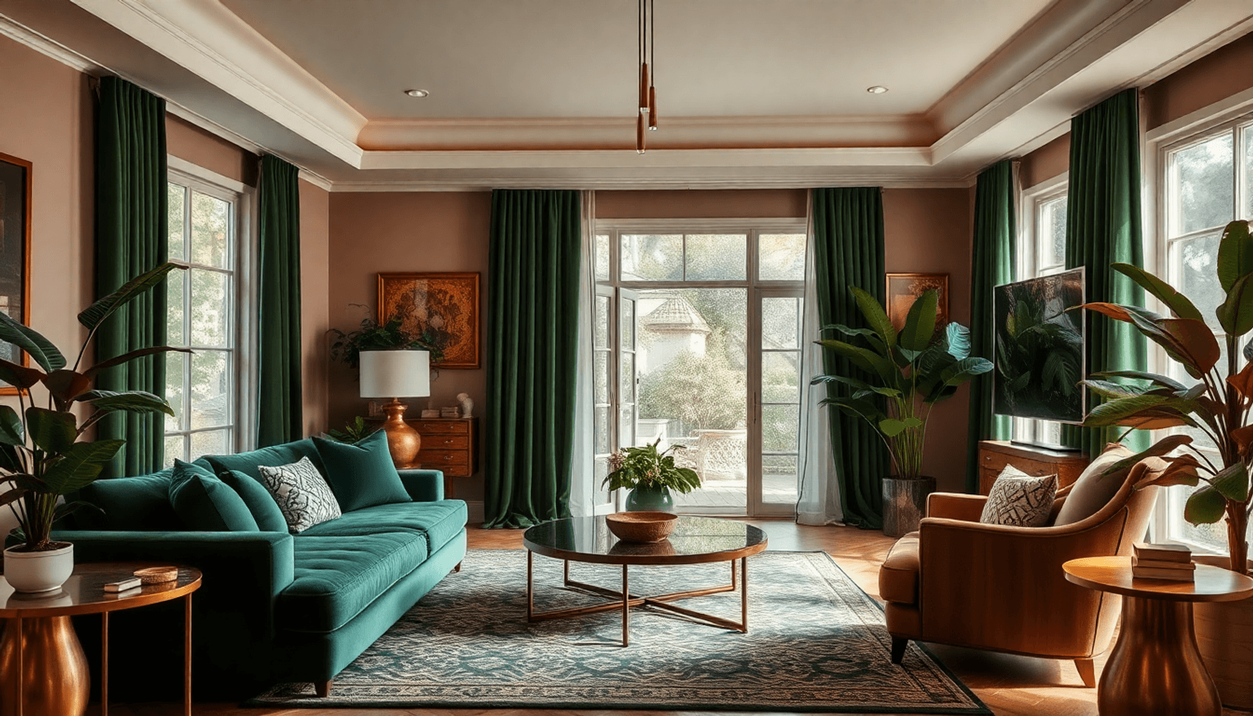 Salon élégant avec des accents en velours vert émeraude, un éclairage chaleureux