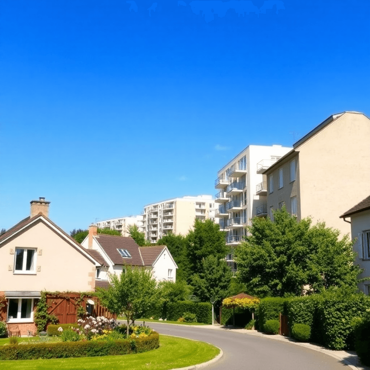 Quartier résidentiel en Île-de-France avec des maisons charmantes, des appartements modernes, des jardins