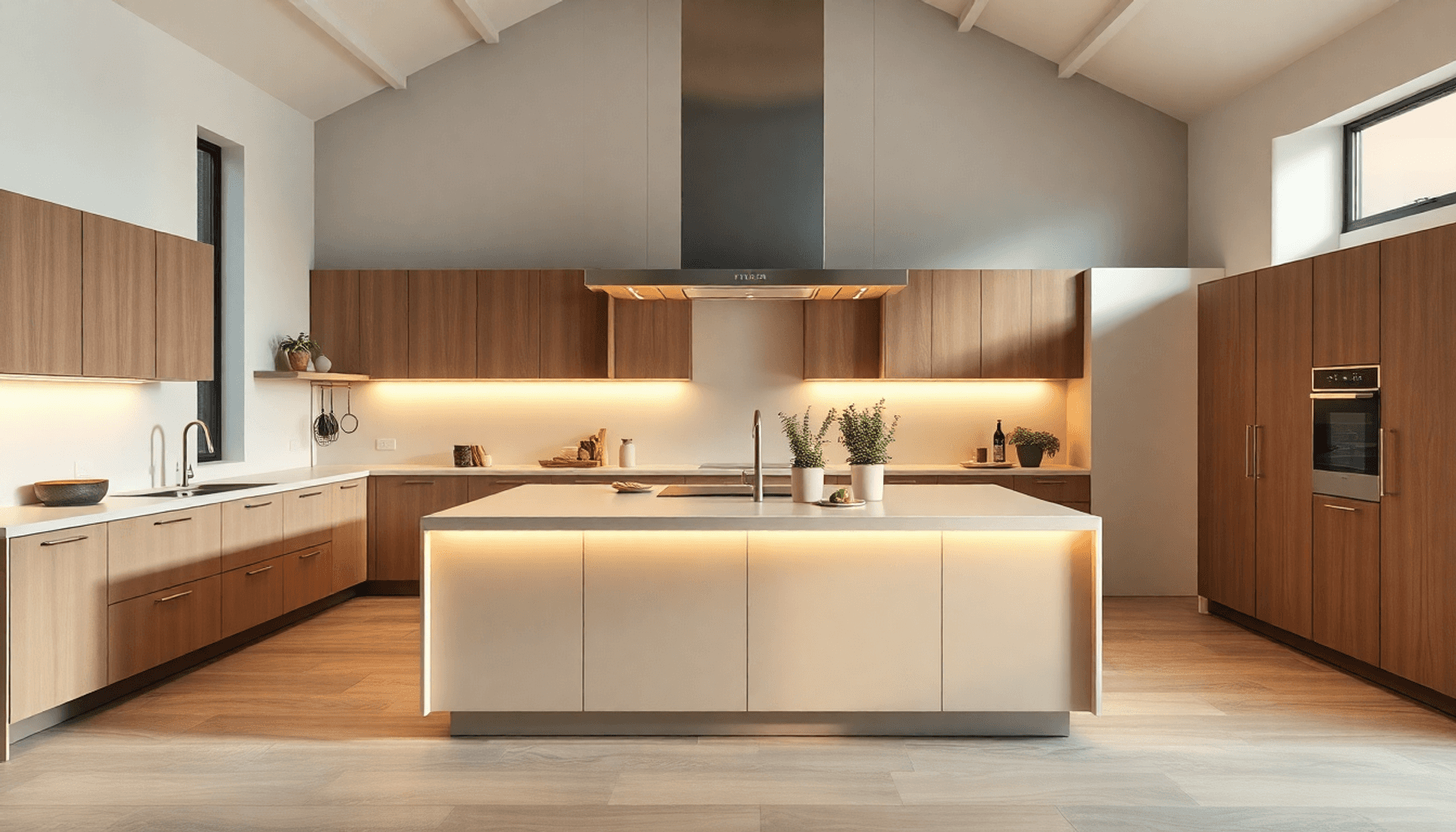Cuisine avec îlot central, plan de travail élégant, éclairage chaleureux, agencement ouvert