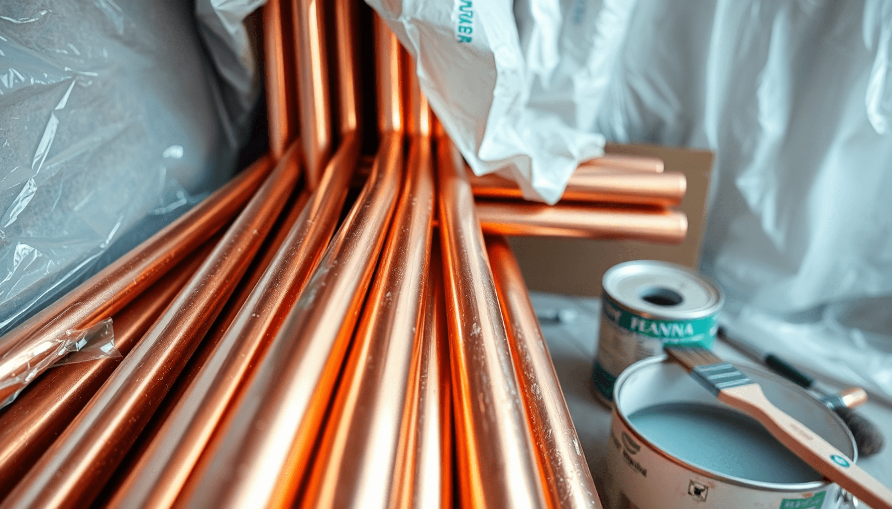 Gros plan sur des tuyaux en cuivre brillants à l'intérieur, avec des protections de peintre