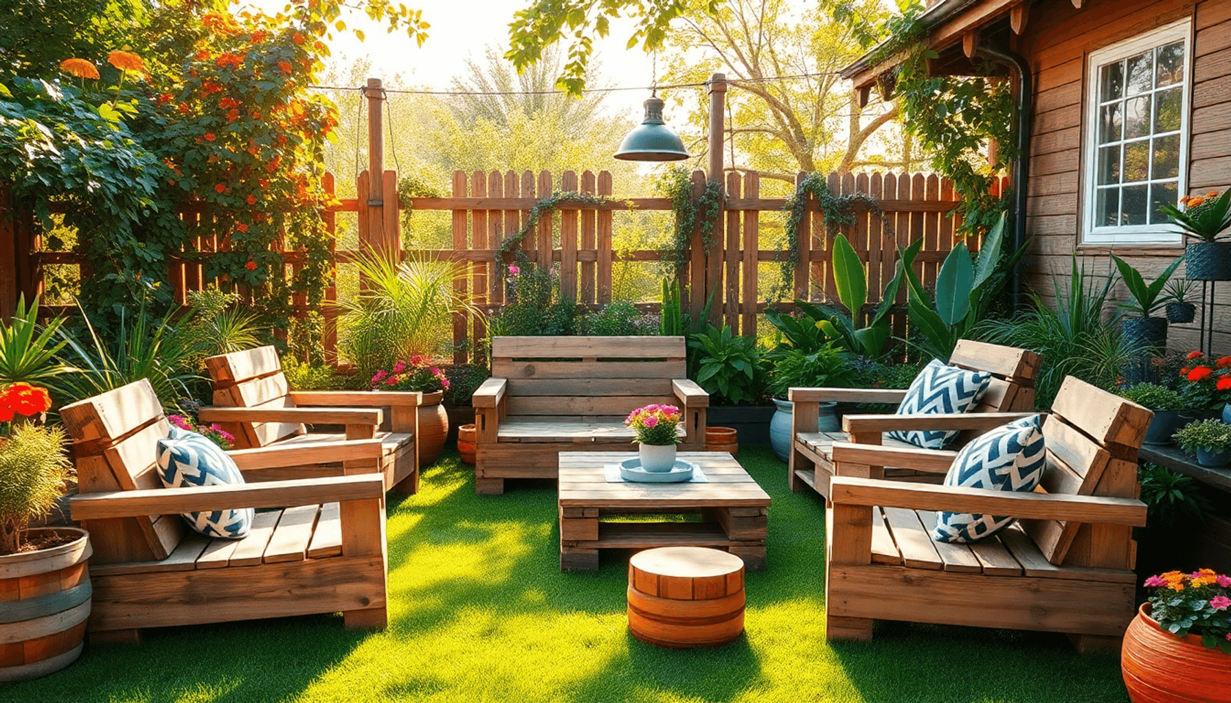 Salon de jardin extérieur confortable avec mobilier en palettes de bois rustiques