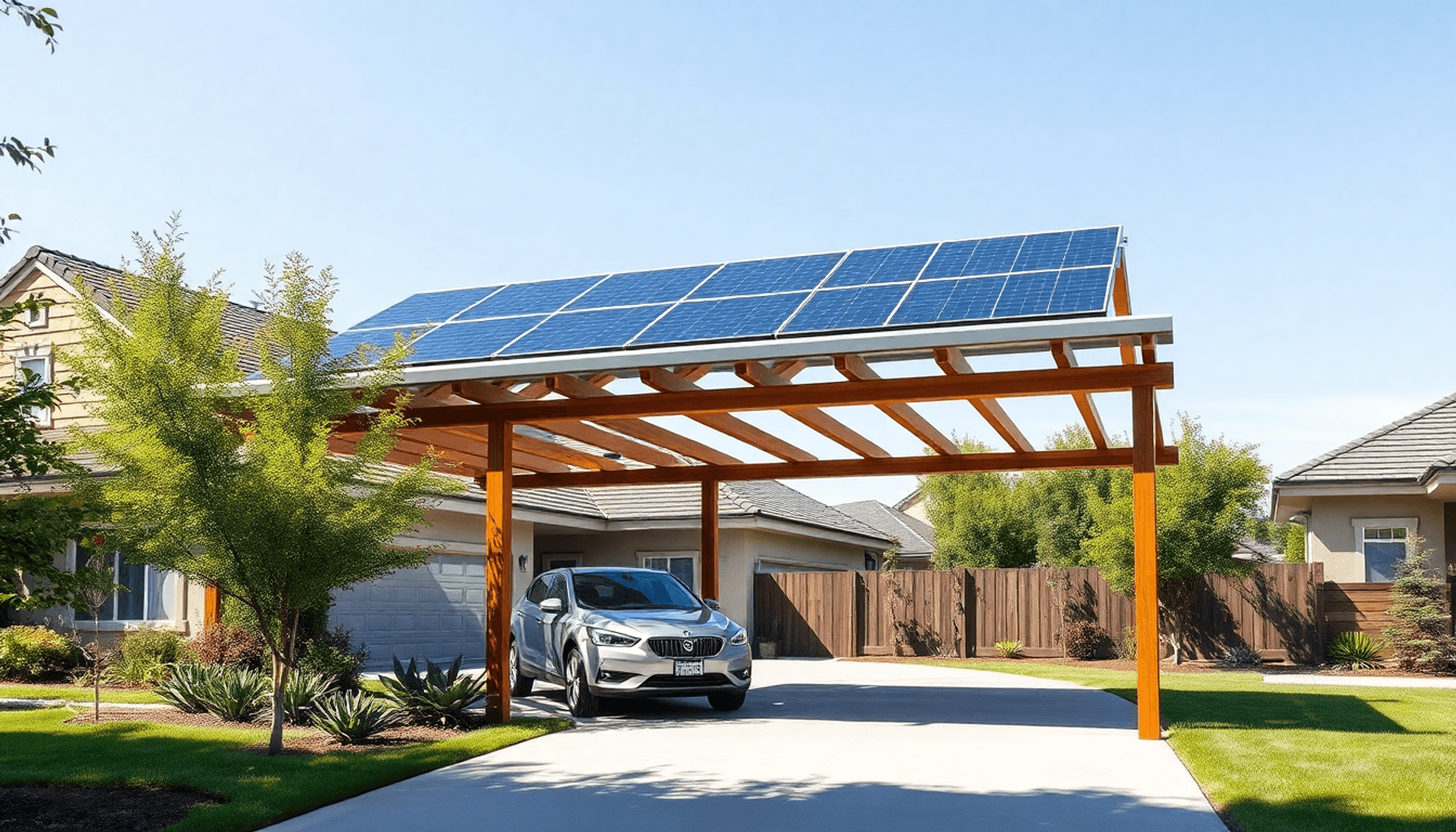 Carport moderne en bois et métal avec panneaux solaires à côté d'une maison suburbaines
