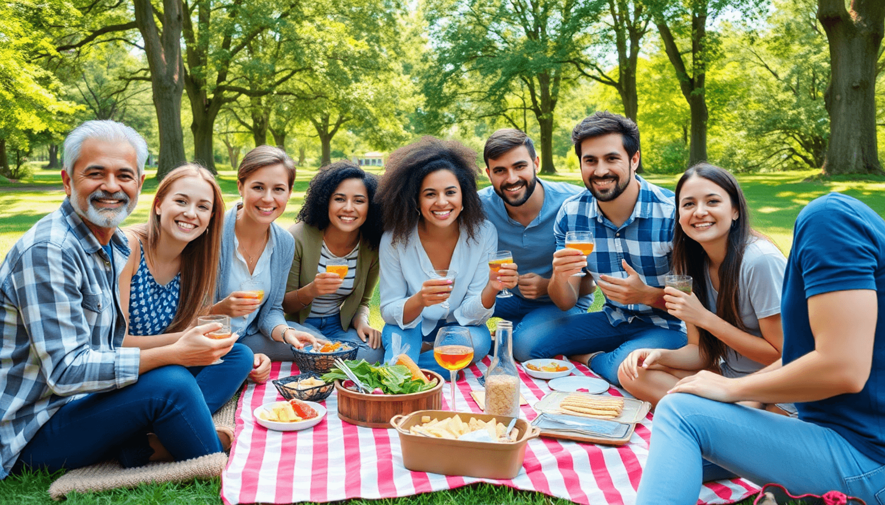 Un groupe joyeux d'amis profitant d'un pique-nique en plein air ensoleillé dans un parc verdoyant