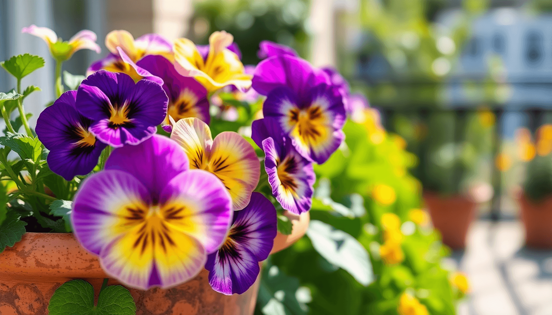 Gros plan de fleurs de pensées colorées dans un pot en terre cuite sur un balcon ensoleillé