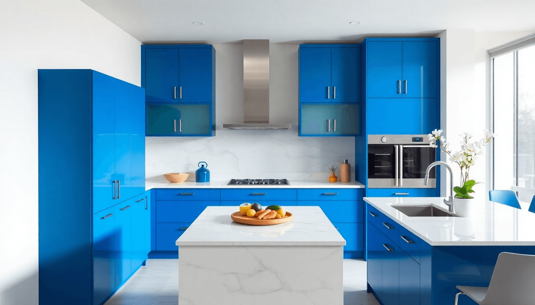 Cuisine moderne avec des armoires bleues élégantes, des plans de travail en marbre blanc