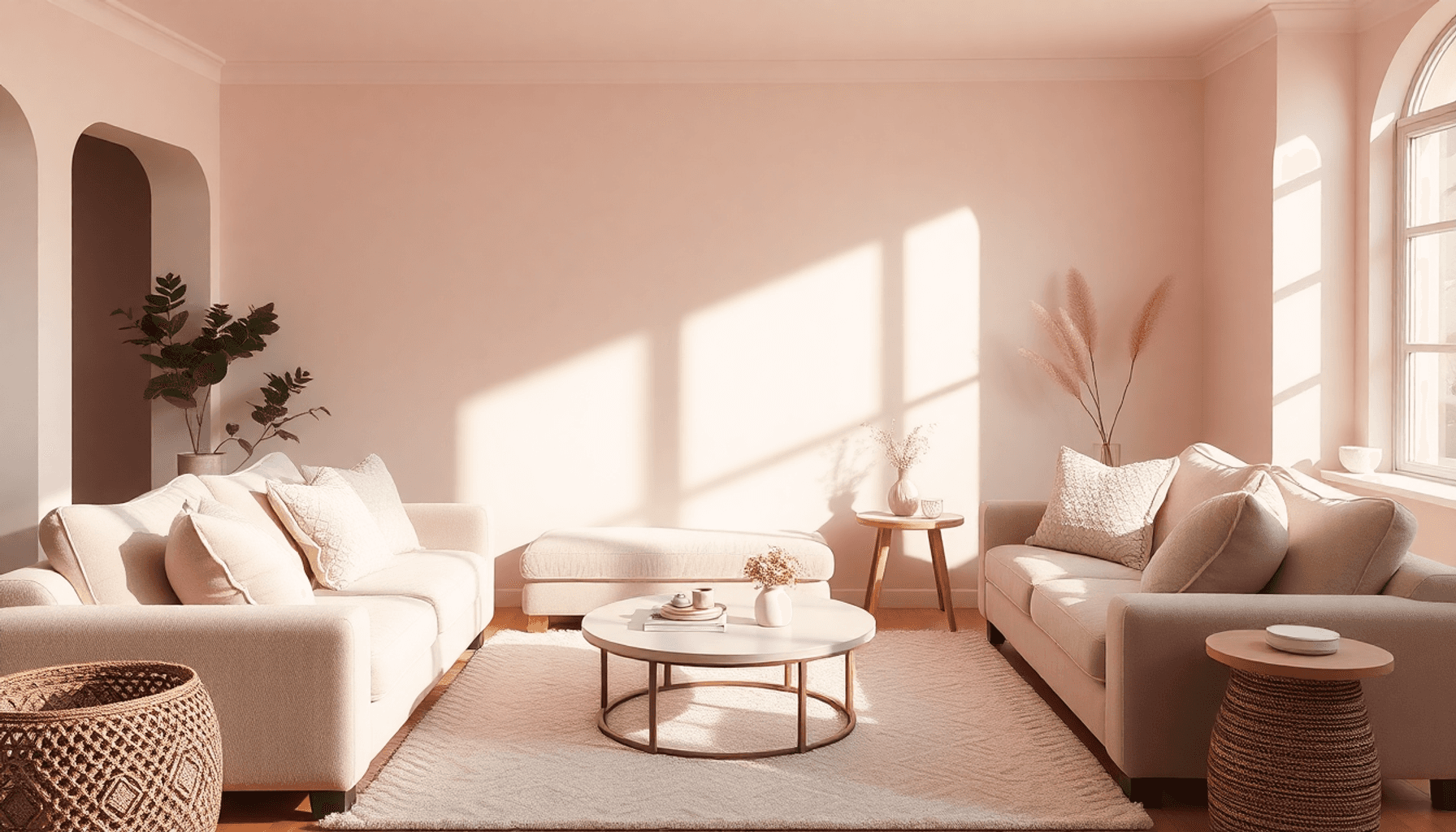 Salon confortable en rose pâle et beige avec des canapés moelleux, des coussins texturés,