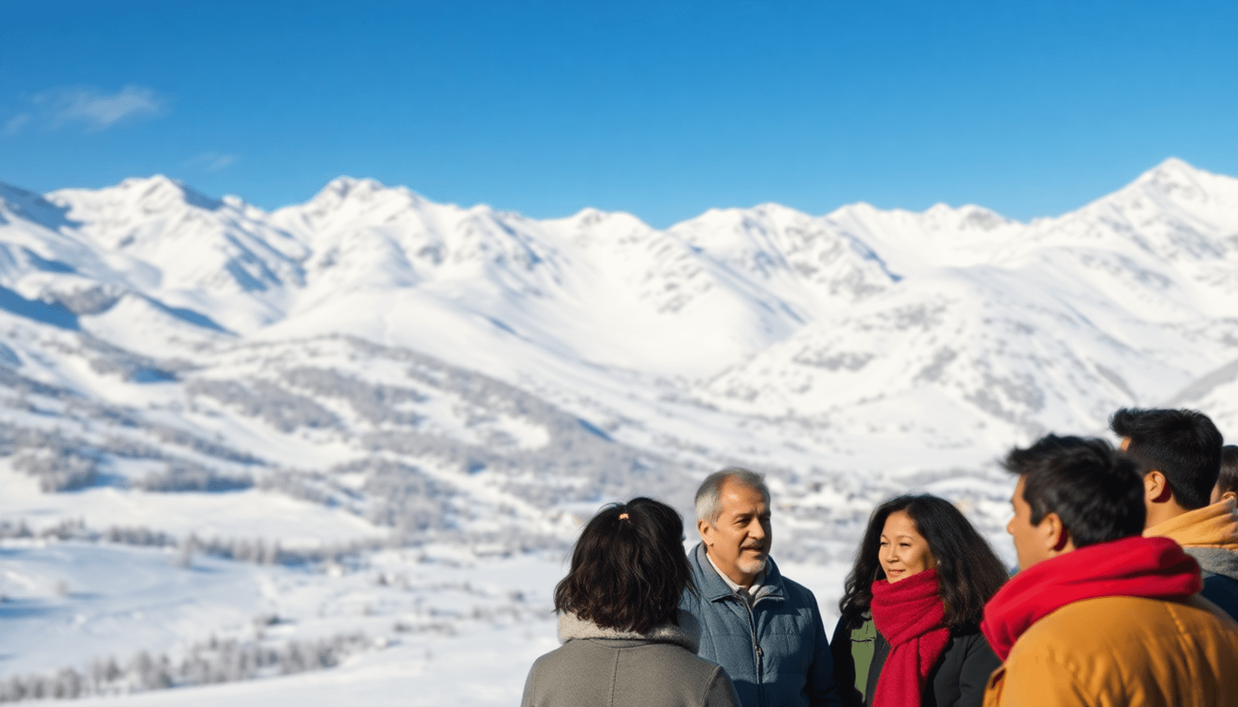 Alpes françaises enneigées avec des pistes de ski sous un ciel bleu clair