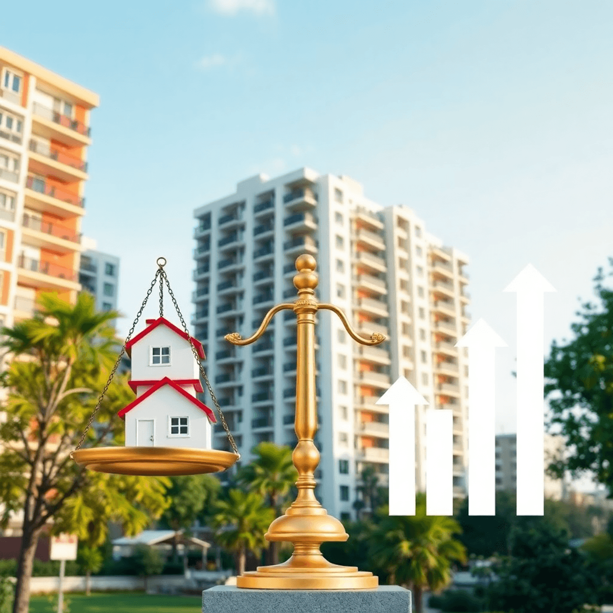 Bâtiment résidentiel moderne avec balcons et verdure ; au premier plan, une balance dorée équilibrant un mo...