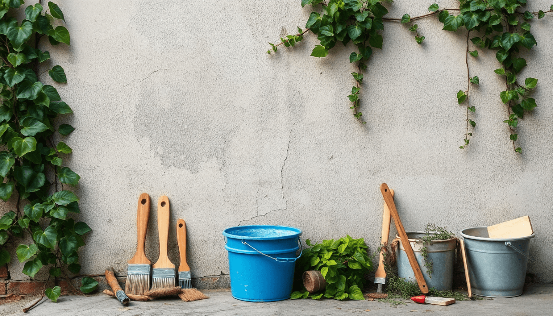 Gros plan sur un mur vieilli avec des fissures et de la peinture écaillée, des outils de rénovation