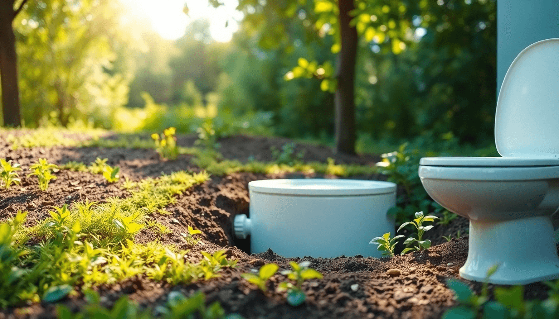 Réservoir septique moderne dans un jardin luxuriant et des toilettes blanches