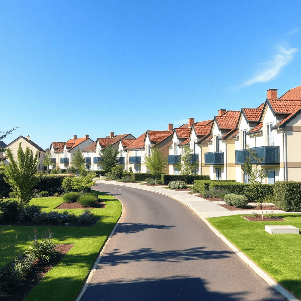 Quartier résidentiel ensoleillé avec des maisons modernes, des jardins soignés et des espaces verts